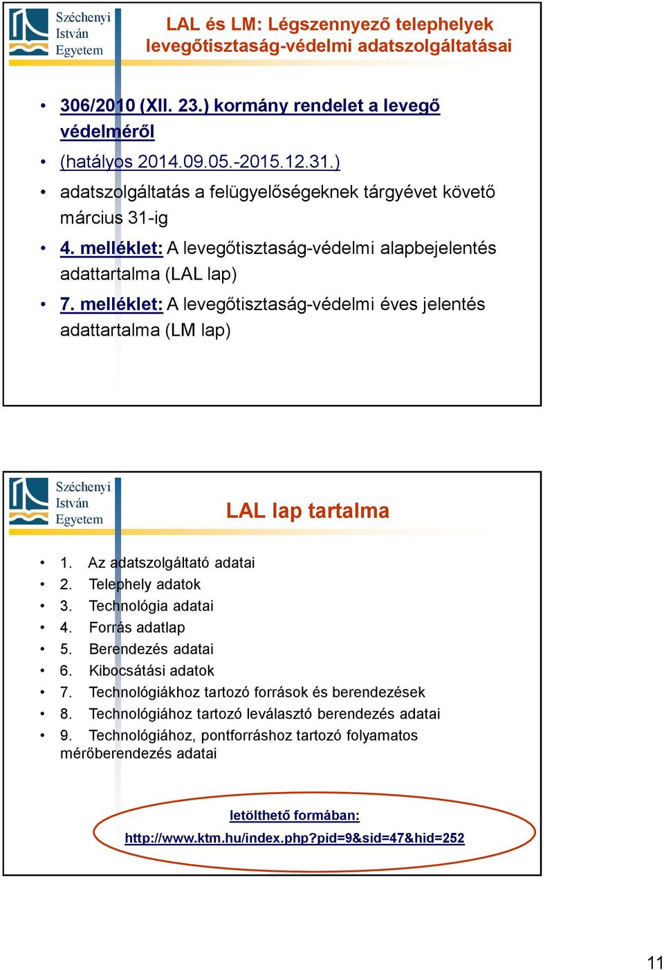 melléklet: A levegőtisztaság-védelmi éves jelentés adattartalma (LM lap) LAL lap tartalma 1. Az adatszolgáltató adatai 2. Telephely adatok 3. Technológia adatai 4. Forrás adatlap 5.