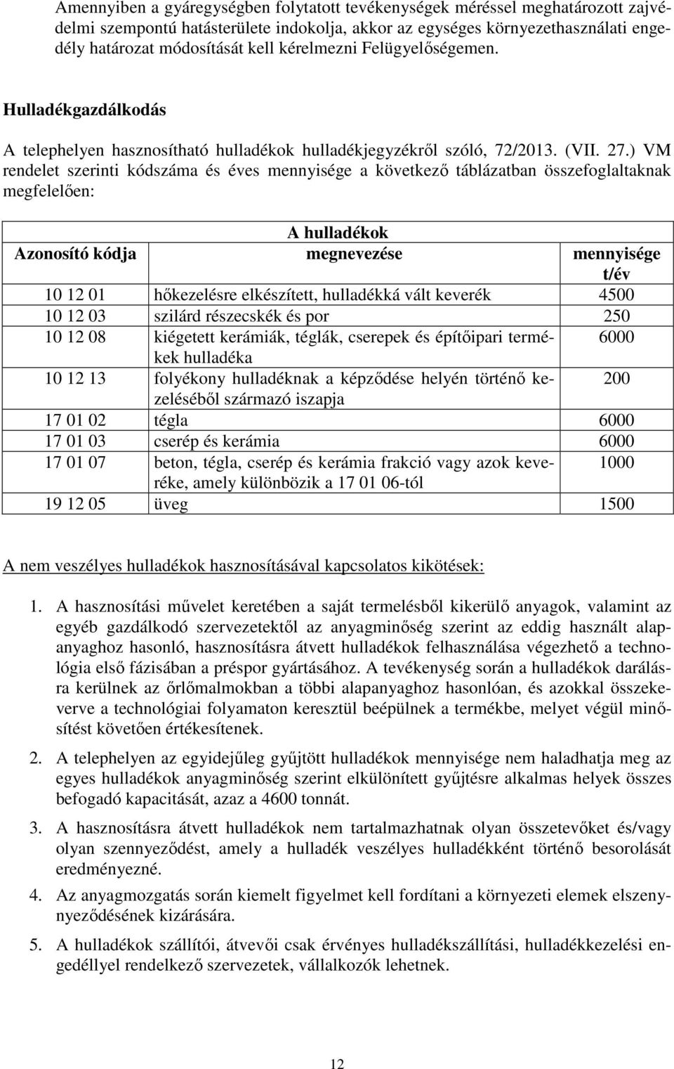 ) VM rendelet szerinti kódszáma és éves mennyisége a következő táblázatban összefoglaltaknak megfelelően: A hulladékok Azonosító kódja megnevezése mennyisége t/év 10 12 01 hőkezelésre elkészített,