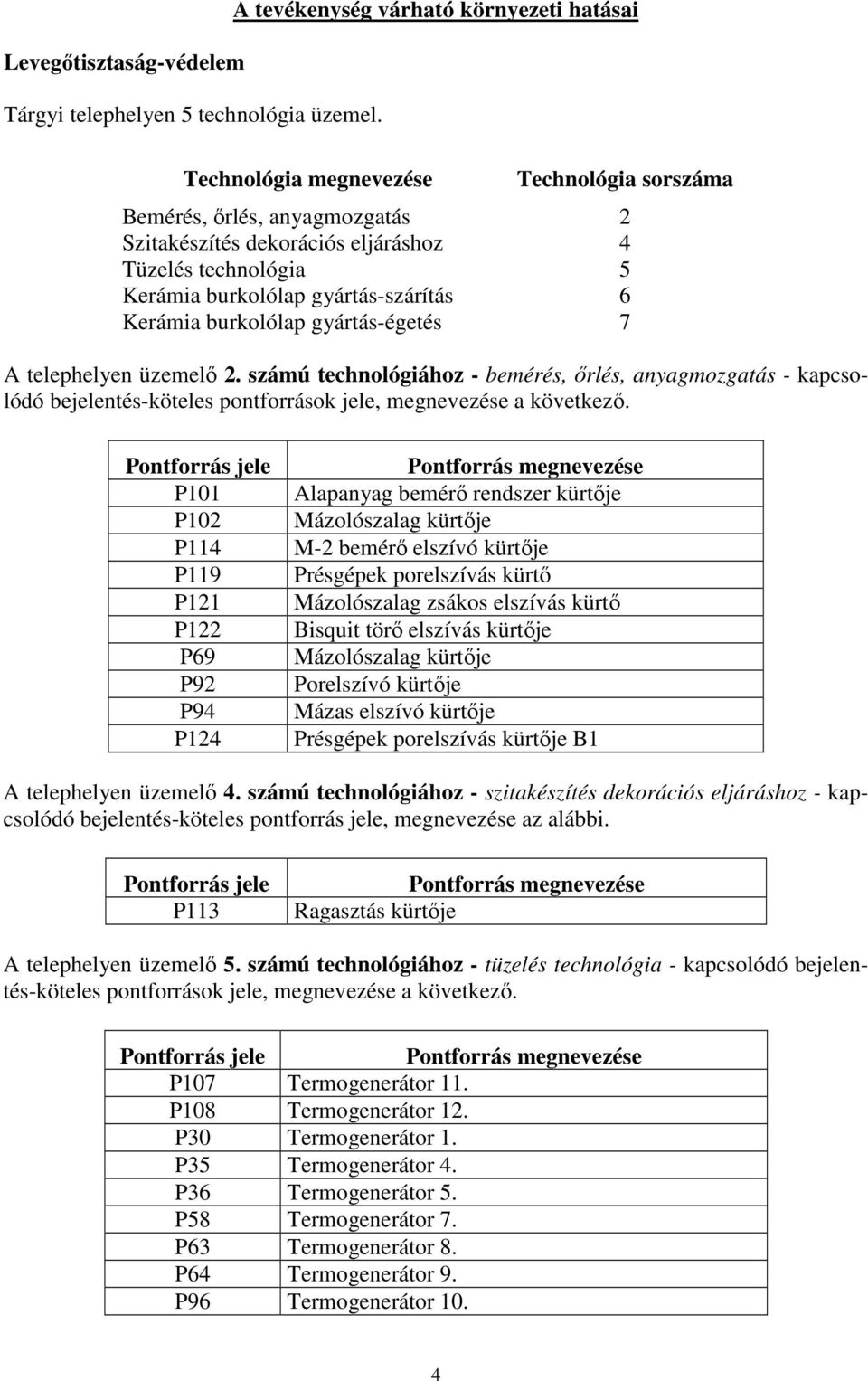 gyártás-szárítás 6 Kerámia burkolólap gyártás-égetés 7 A telephelyen üzemelő 2.