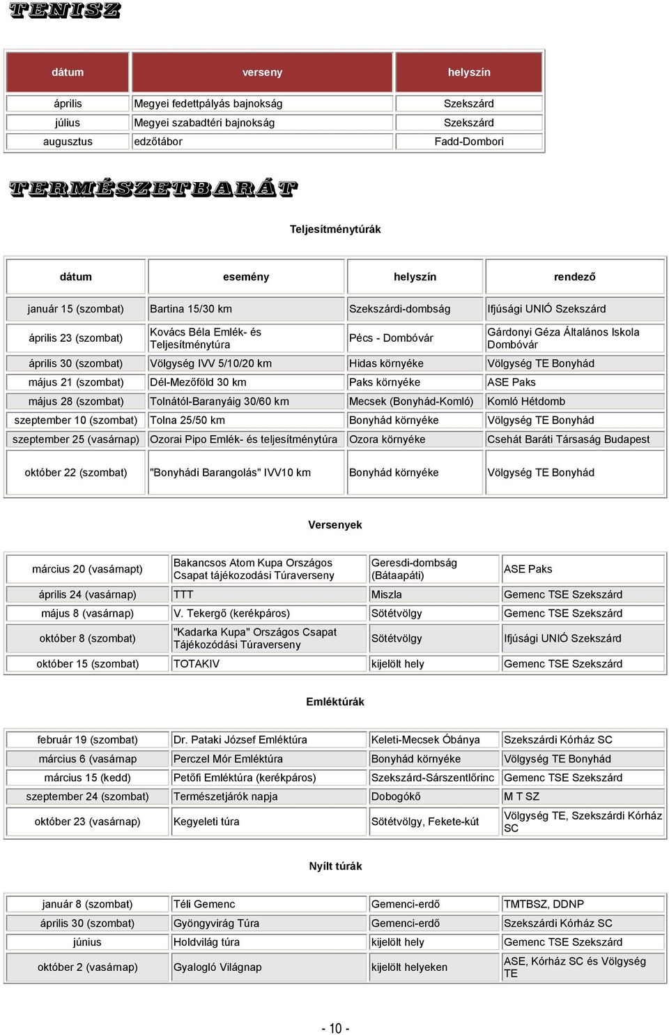 április 30 (szombat) Völgység IVV 5/10/20 km Hidas környéke Völgység TE Bonyhád május 21 (szombat) Dél-Mezőföld 30 km Paks környéke ASE Paks május 28 (szombat) Tolnától-Baranyáig 30/60 km Mecsek
