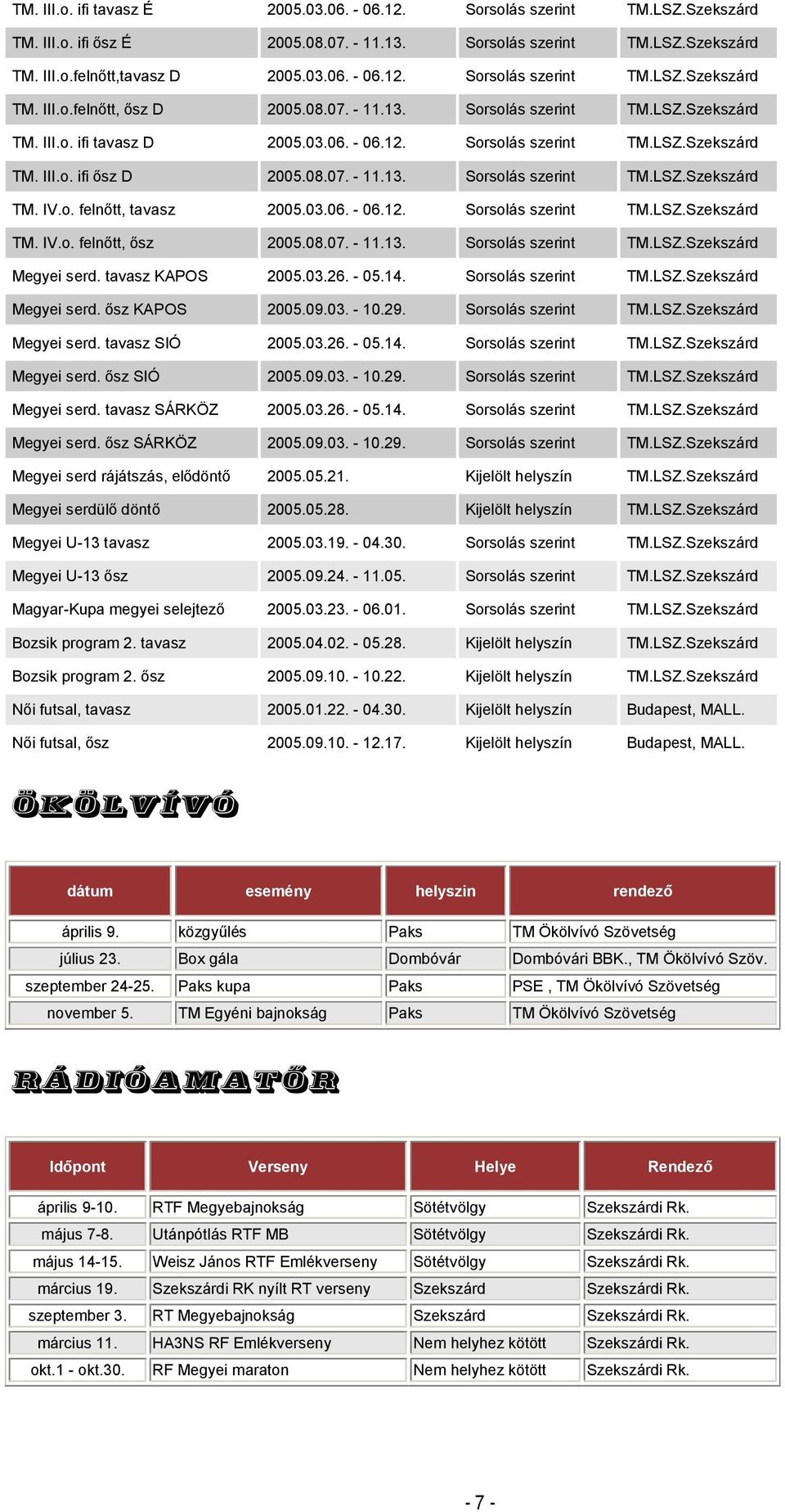 o. felnőtt, tavasz 2005.03.06. - 06.12. Sorsolás szerint TM.LSZ.Szekszárd TM. IV.o. felnőtt, ősz 2005.08.07. - 11.13. Sorsolás szerint TM.LSZ.Szekszárd Megyei serd. tavasz KAPOS 2005.03.26. - 05.14.