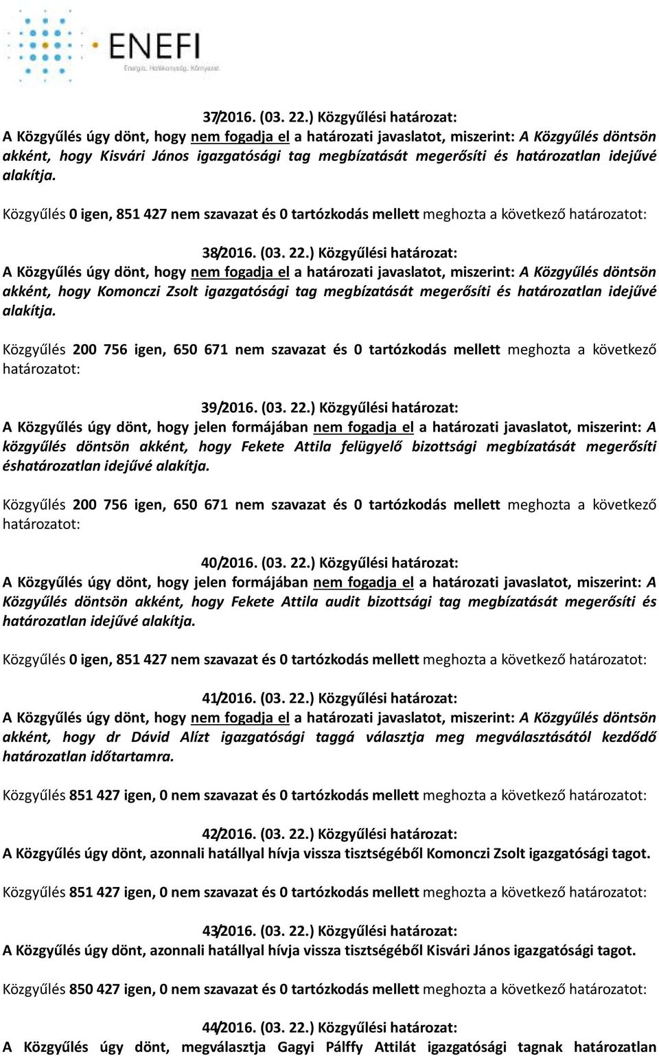 határozatlan idejűvé alakítja. Közgyűlés 0 igen, 851 427 nem szavazat és 0 tartózkodás mellett meghozta a következő 38/2016. (03. 22.