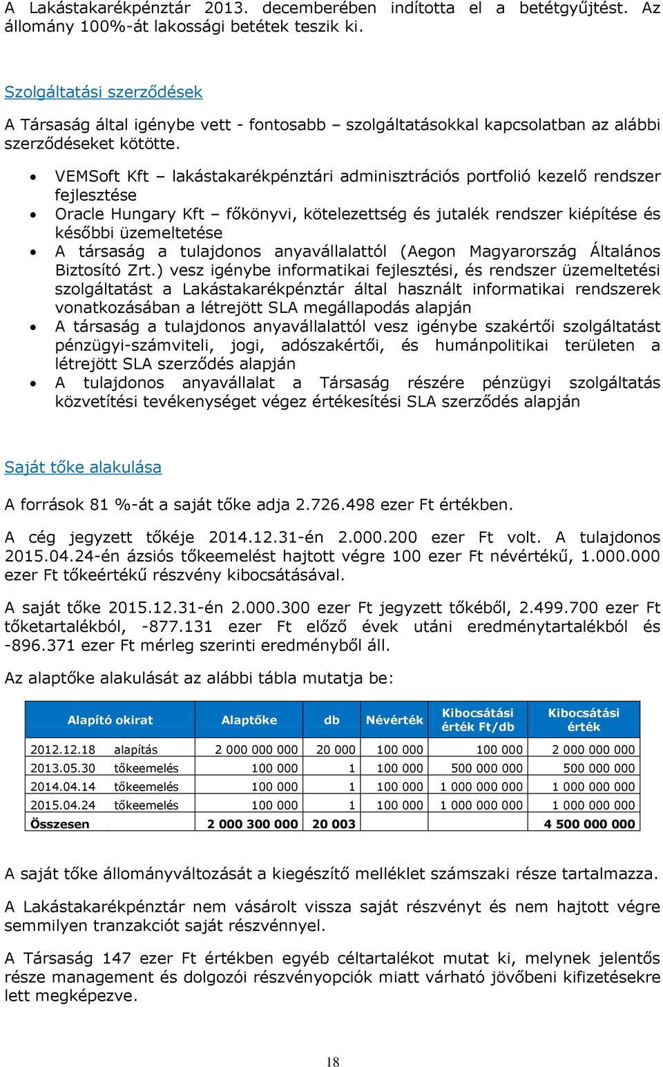 VEMSoft Kft lakástakarékpénztári adminisztrációs portfolió kezelő rendszer fejlesztése Oracle Hungary Kft főkönyvi, kötelezettség és jutalék rendszer kiépítése és későbbi üzemeltetése A társaság a