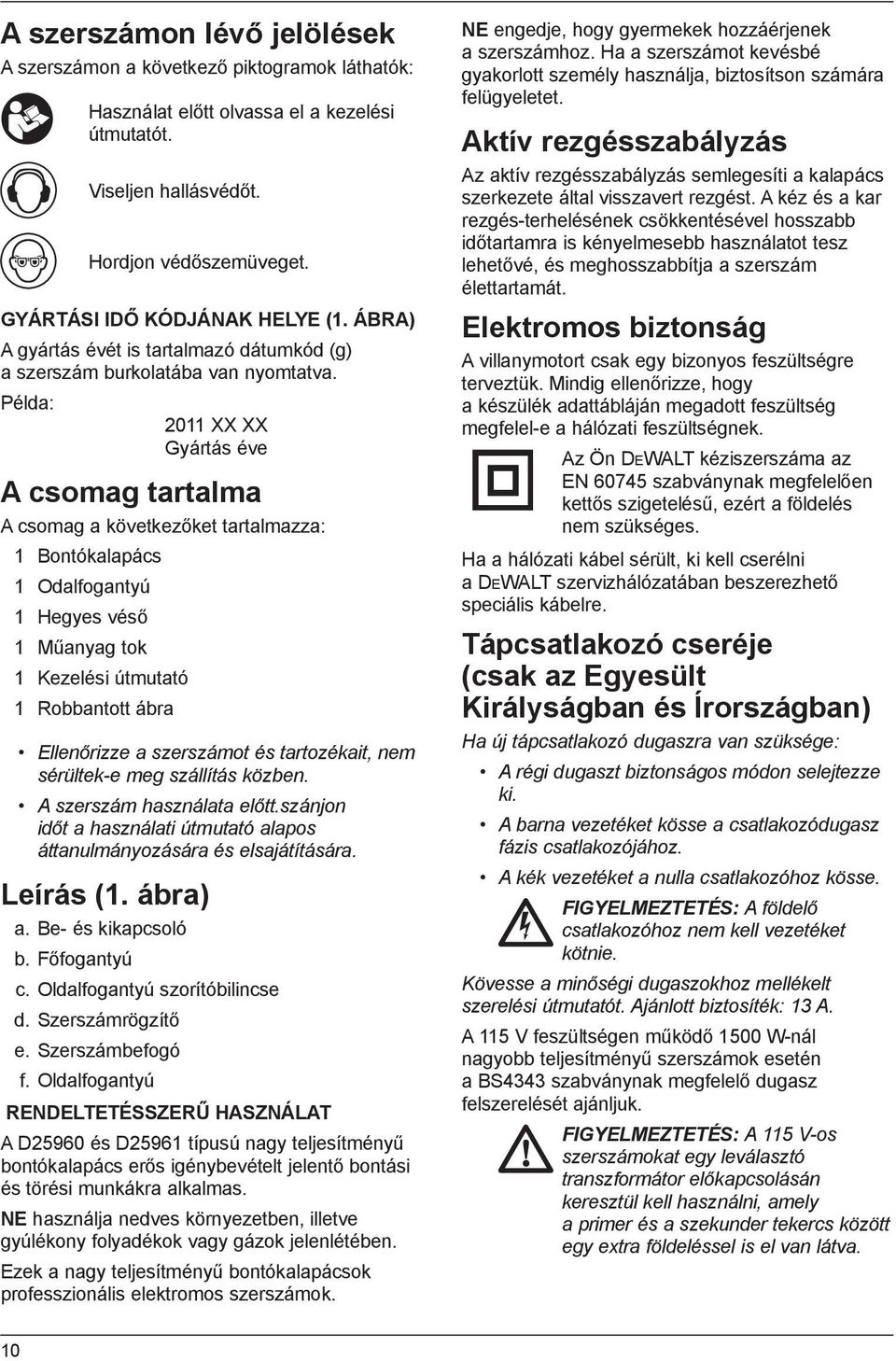 Példa: 2011 XX XX Gyártás éve A csomag tartalma A csomag a következőket tartalmazza: 1 Bontókalapács 1 Odalfogantyú 1 Hegyes véső 1 Műanyag tok 1 Kezelési útmutató 1 Robbantott ábra Ellenőrizze a