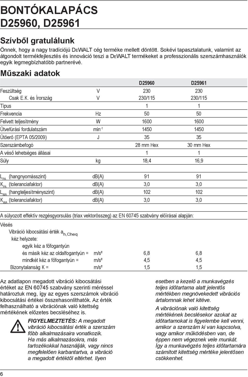 Műszaki adatok D25960 D25961 Feszültség V 230 230 Csak E.K.