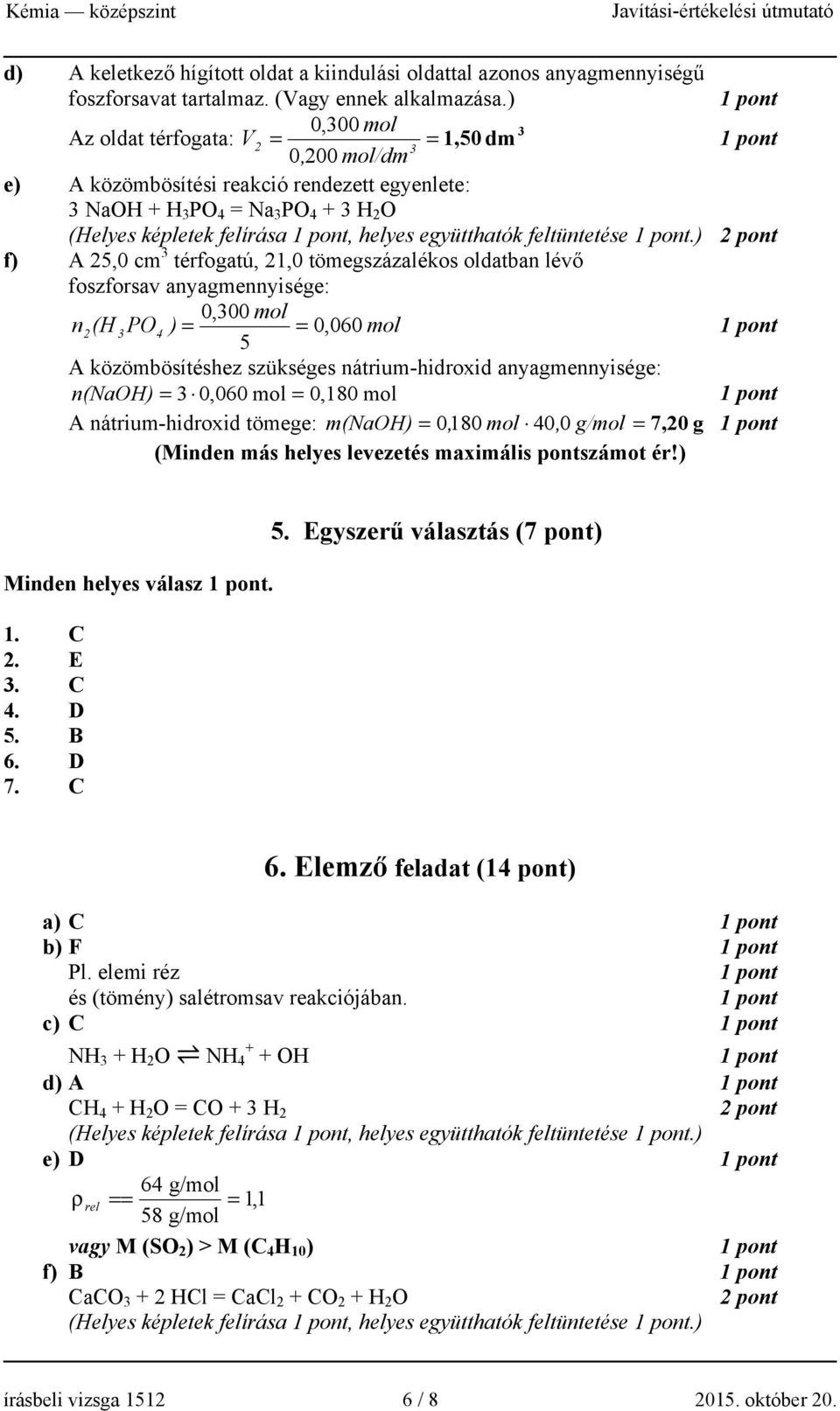 ) 2 pont f) A 25,0 cm térfogatú, 21,0 tömegszázalékos oldatban lévő foszforsav anyagmennyisége: 0,00 mol n2(h PO4 ) = = 0, 060 mol 5 A közömbösítéshez szükséges nátrium-hidroxid anyagmennyisége: