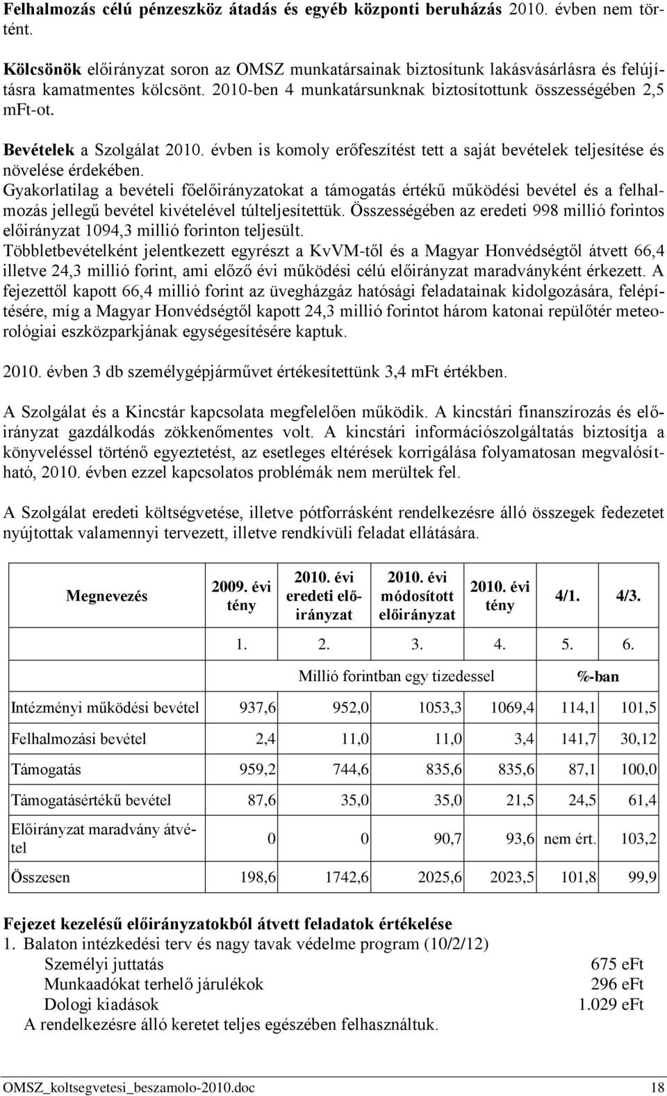 Bevételek a Szolgálat 2010. évben is komoly erőfeszítést tett a saját bevételek teljesítése és növelése érdekében.