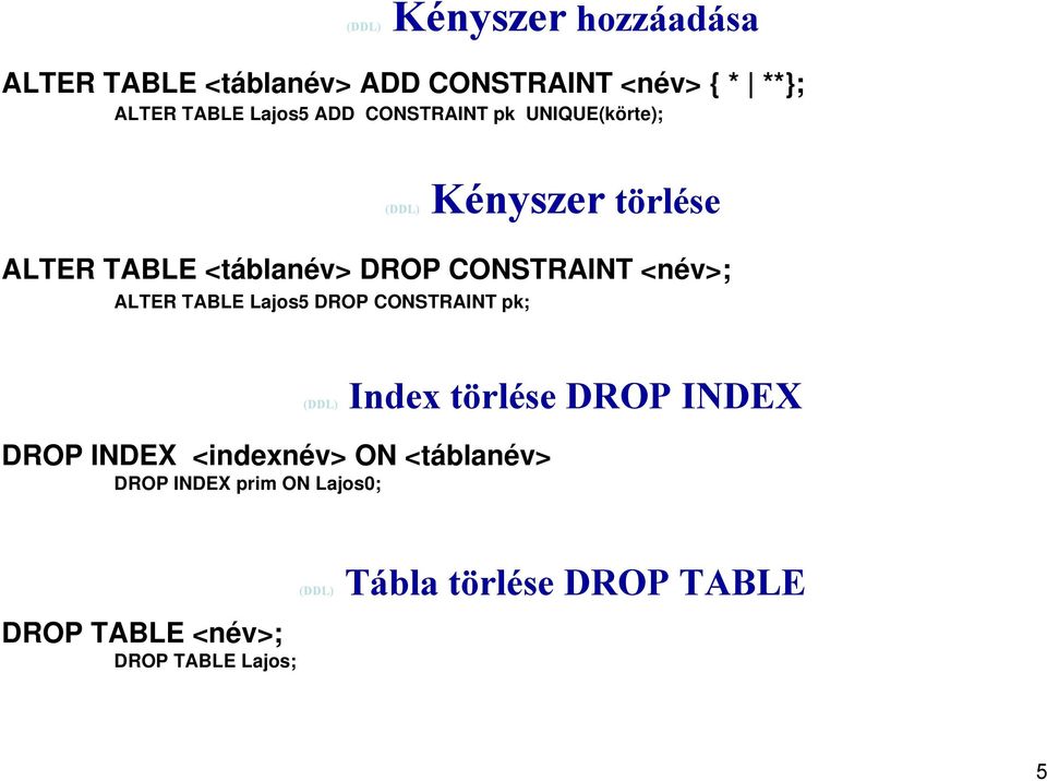 <név>; ALTER TABLE Lajos5 DROP CONSTRAINT pk; Index törlése DROP INDEX DROP INDEX <indexnév>