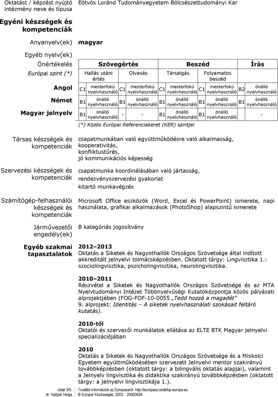 Társas készségek és Szervezési készségek és Számítógép-felhasználói készségek és Járművezetői engedély(ek) Egyéb szakmai tapasztalatok csapatmunkában való együttműködésre való alkalmasság,