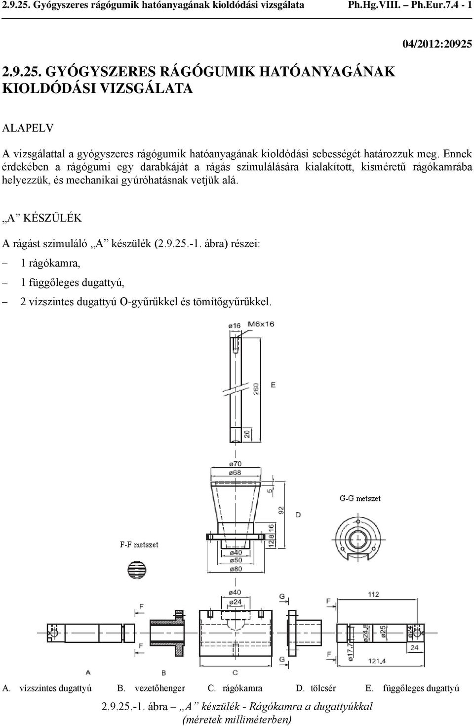 A KÉSZÜLÉK A rágást szimuláló A készülék (2.9.25.-1. ábra) részei: 1 rágókamra, 1 függőleges dugattyú, 2 vízszintes dugattyú O-gyűrűkkel és tömítőgyűrűkkel. A. vízszintes dugattyú B.