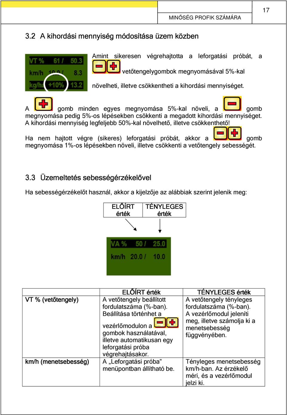 A gomb minden egyes megnyomása 5%-kal növeli, a gomb megnyomása pedig 5%-os lépésekben csökkenti a megadott kihordási mennyiséget.