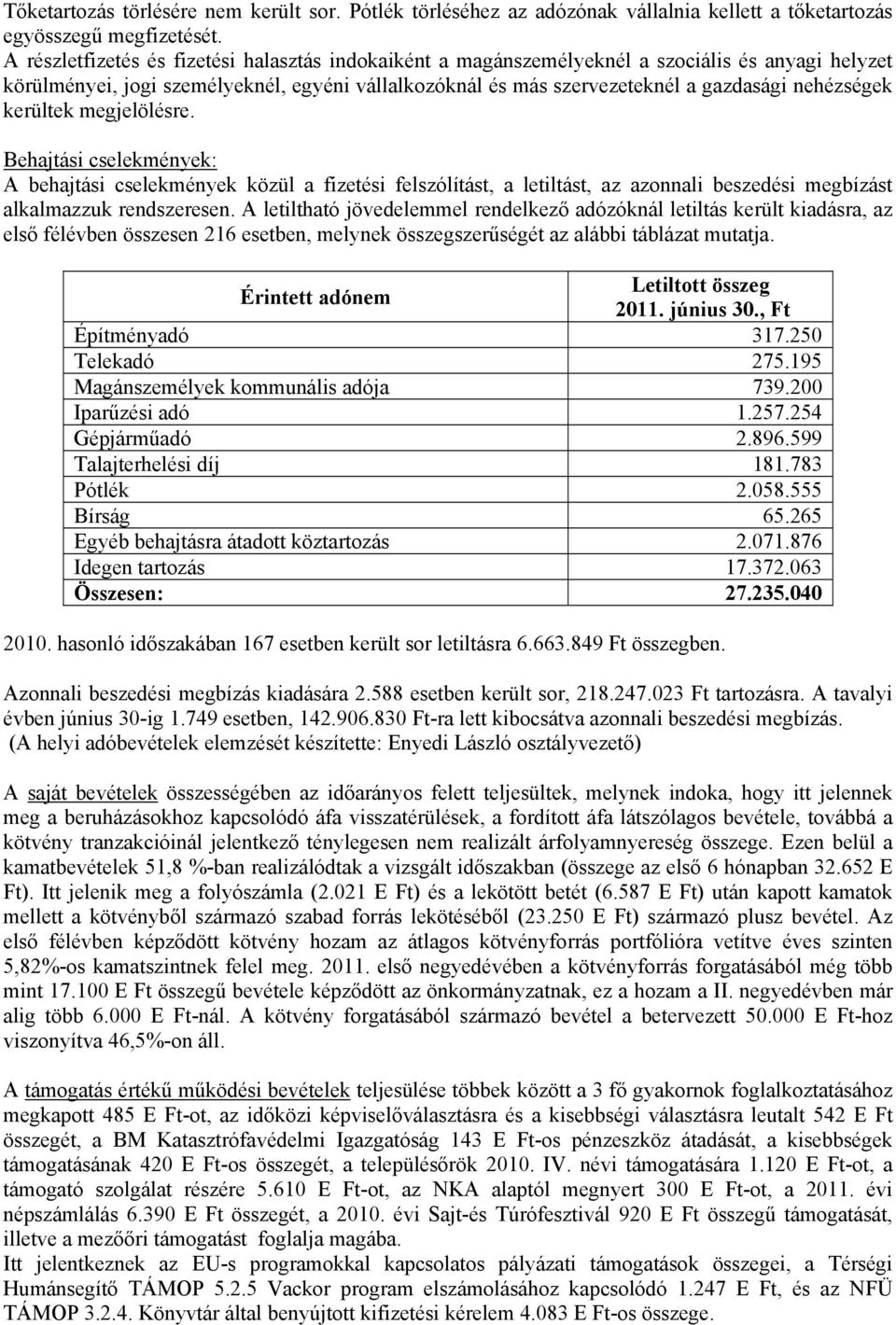 kerültek megjelölésre. Behajtási cselekmények: A behajtási cselekmények közül a fizetési felszólítást, a letiltást, az azonnali beszedési megbízást alkalmazzuk rendszeresen.