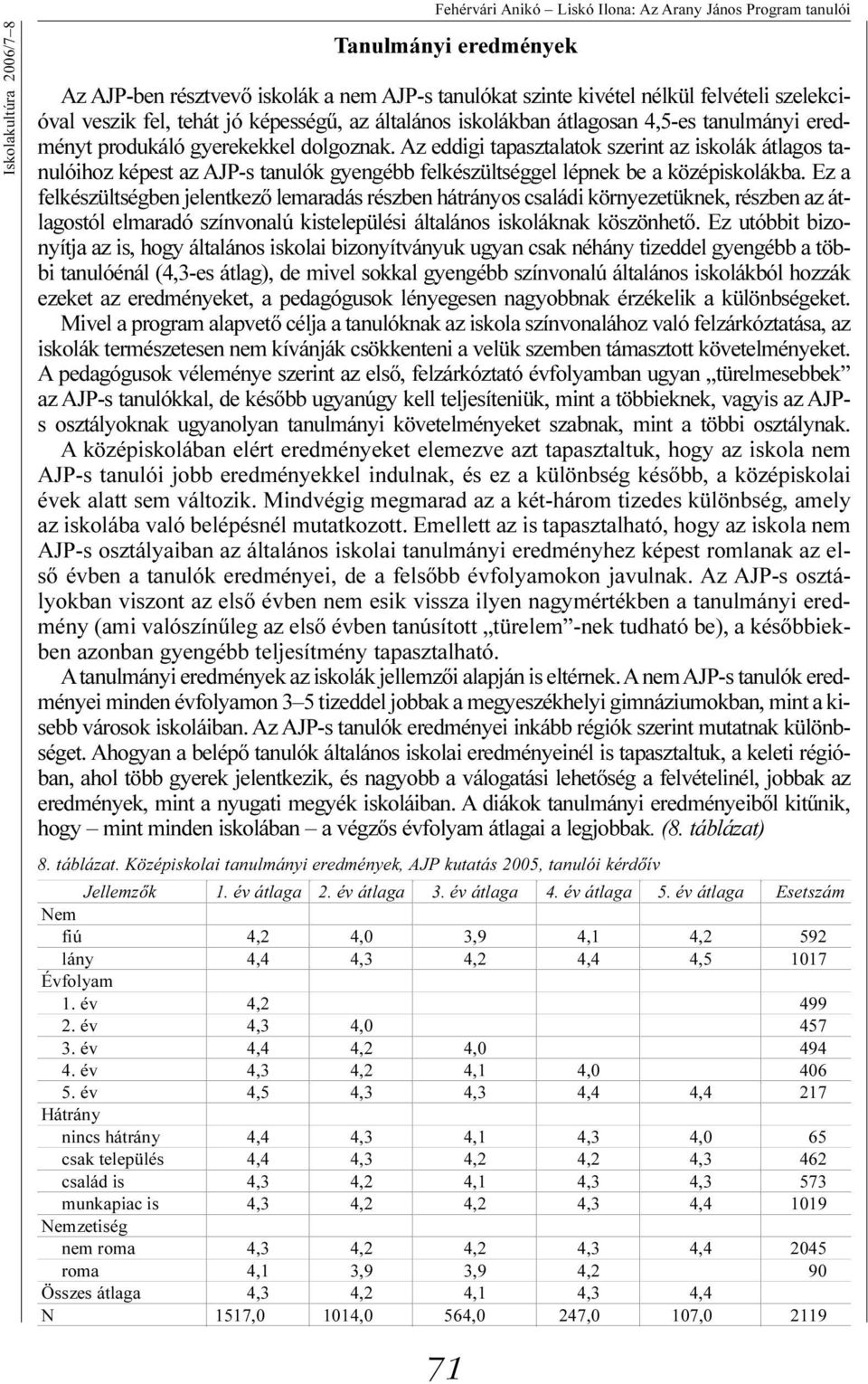 Az eddigi tapasztalatok szerint az iskolák átlagos tanulóihoz képest az AJP-s tanulók gyengébb felkészültséggel lépnek be a középiskolákba.