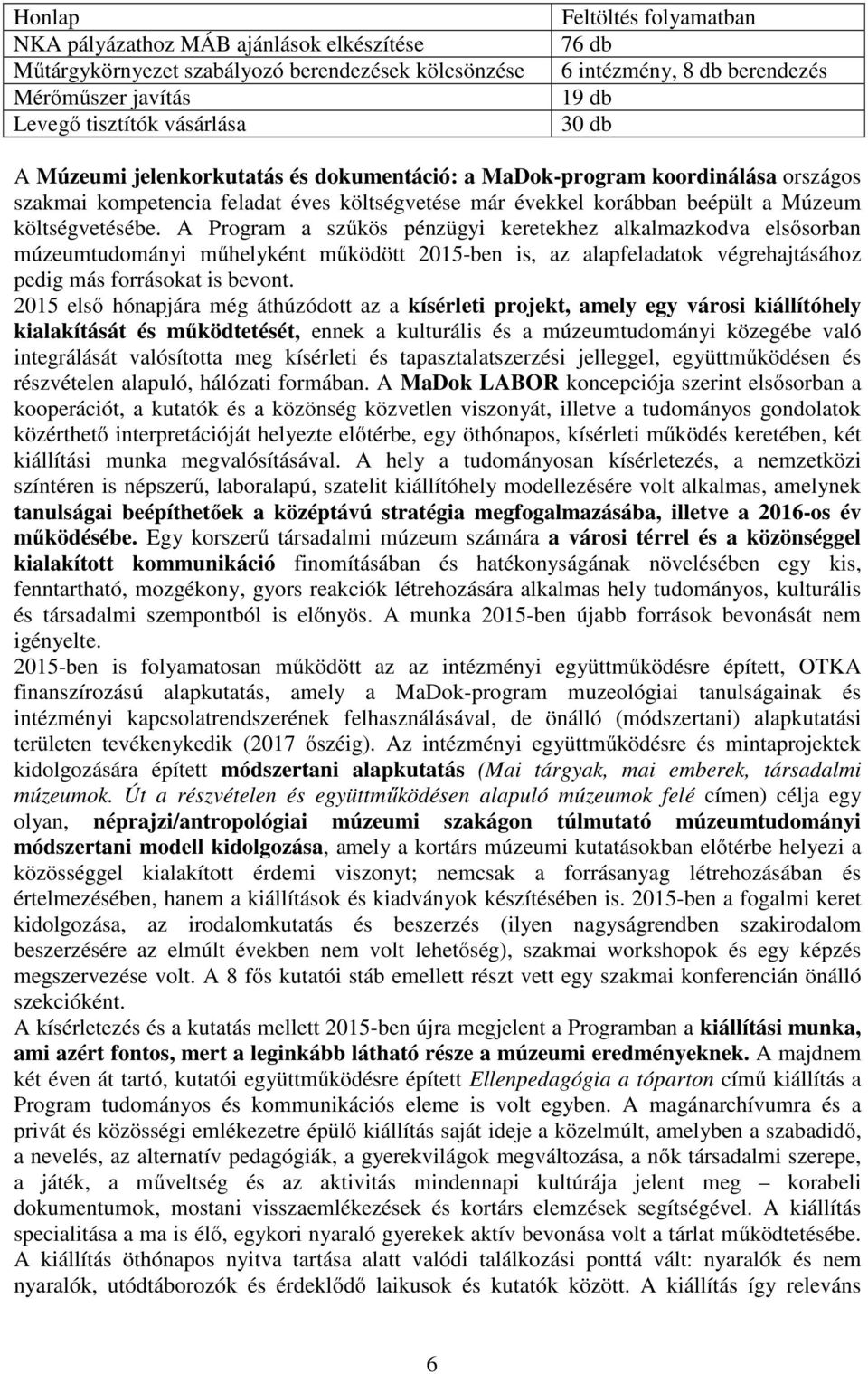 költségvetésébe. A Program a szűkös pénzügyi keretekhez alkalmazkodva elsősorban múzeumtudományi műhelyként működött 2015-ben is, az alapfeladatok végrehajtásához pedig más forrásokat is bevont.