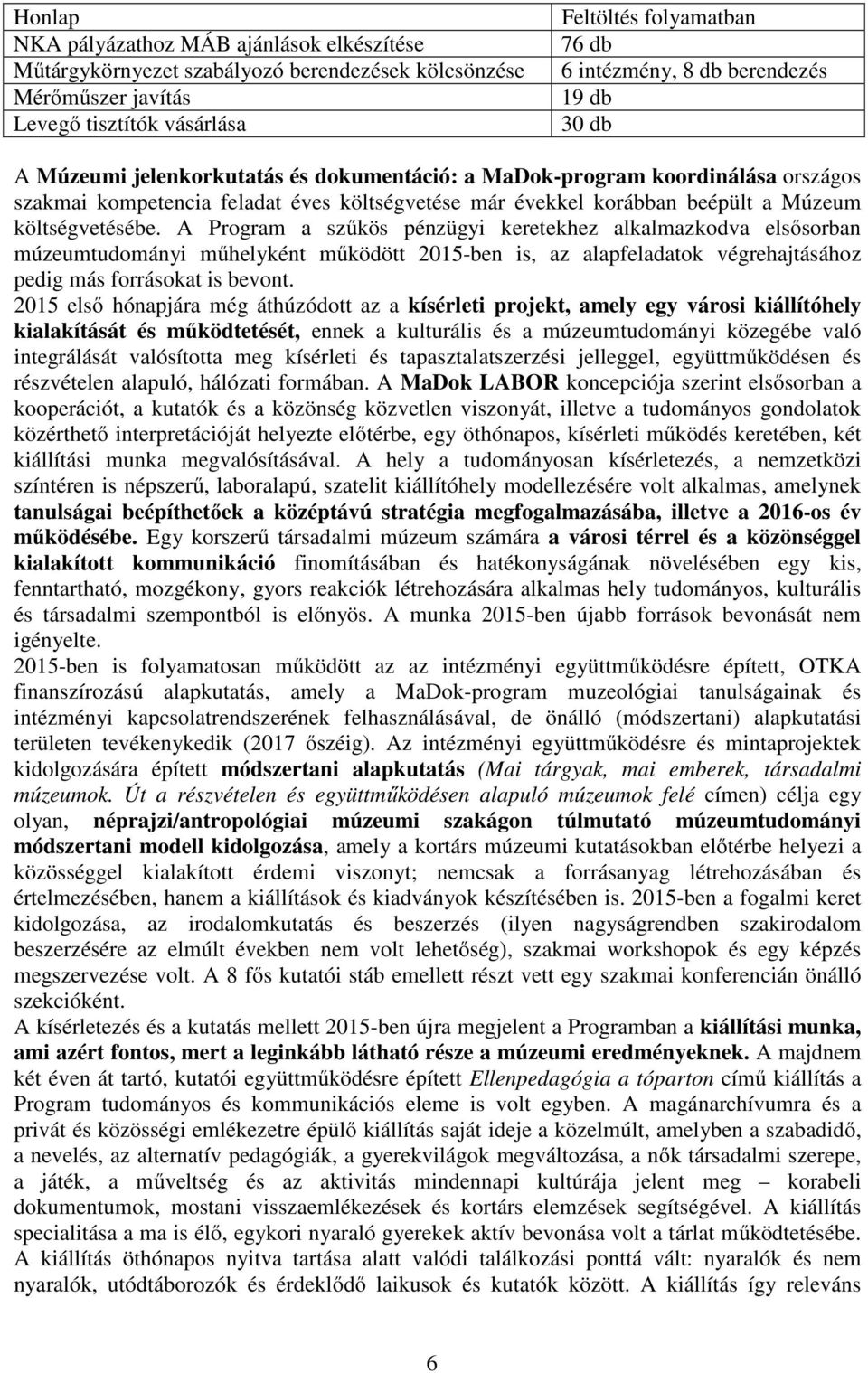 költségvetésébe. A Program a szűkös pénzügyi keretekhez alkalmazkodva elsősorban múzeumtudományi műhelyként működött 2015-ben is, az alapfeladatok végrehajtásához pedig más forrásokat is bevont.