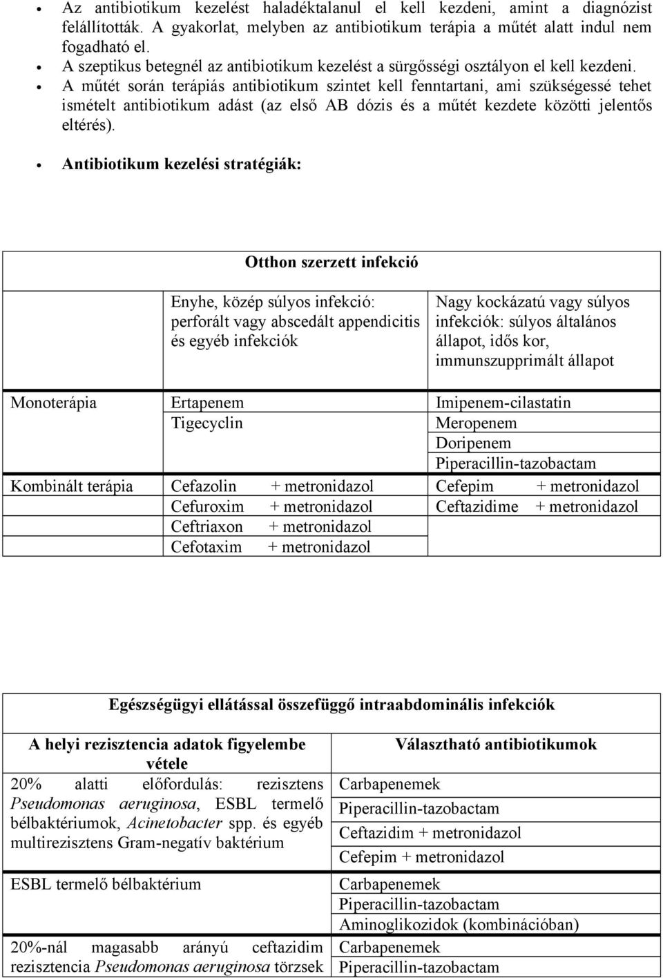 A műtét során terápiás antibiotikum szintet kell fenntartani, ami szükségessé tehet ismételt antibiotikum adást (az első AB dózis és a műtét kezdete közötti jelentős eltérés).