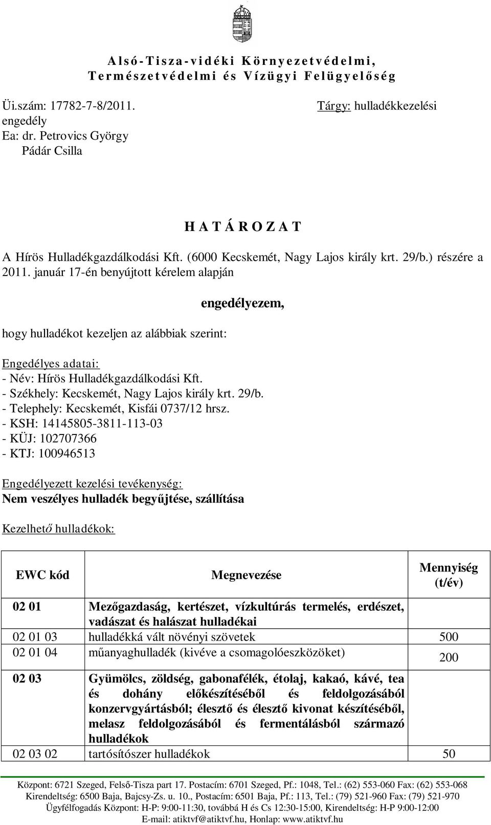 január 17-én benyújtott kérelem alapján hogy hulladékot kezeljen az alábbiak szerint: engedélyezem, Engedélyes adatai: - Név: Hírös Hulladékgazdálkodási Kft.