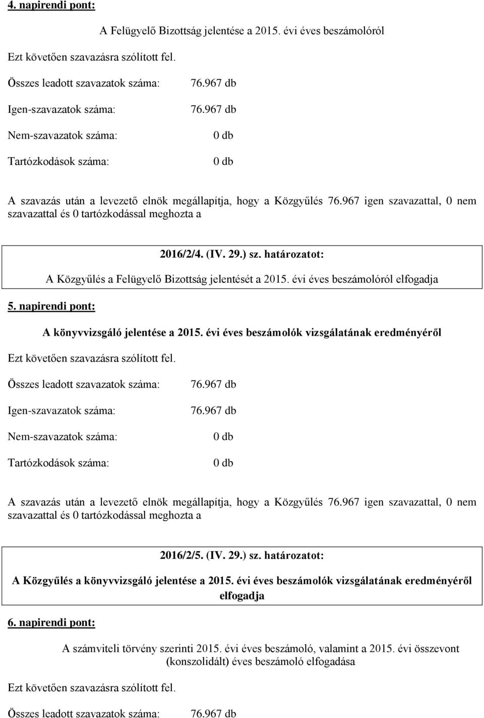 napirendi pont: A könyvvizsgáló jelentése a 2015. évi éves beszámolók vizsgálatának eredményéről 2016/2/5. (IV. 29.) sz.