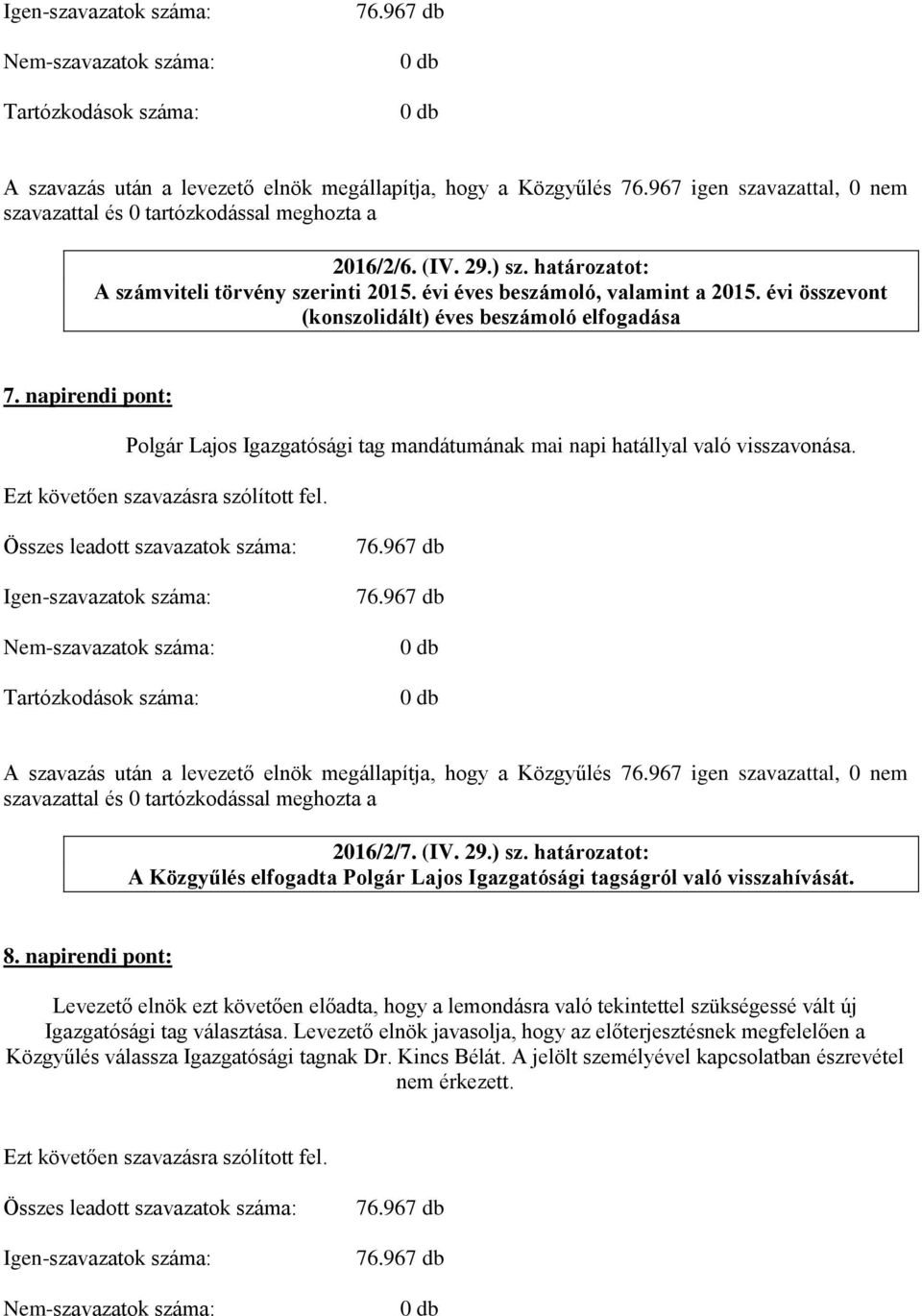 határozatot: A Közgyűlés elfogadta Polgár Lajos Igazgatósági tagságról való visszahívását. 8.