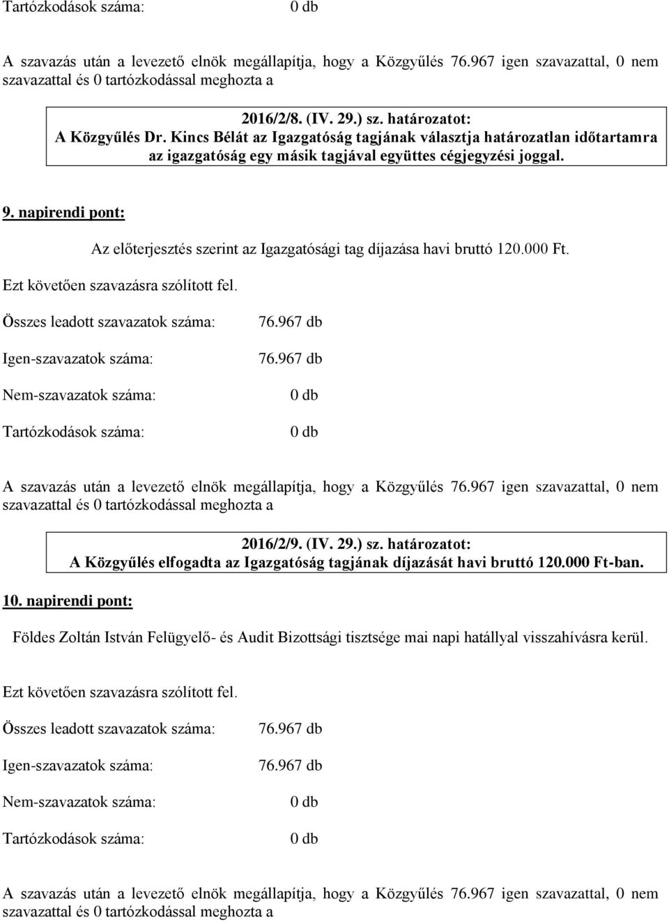 joggal. 9. napirendi pont: Az előterjesztés szerint az Igazgatósági tag díjazása havi bruttó 120.000 Ft. 2016/2/9. (IV. 29.) sz.