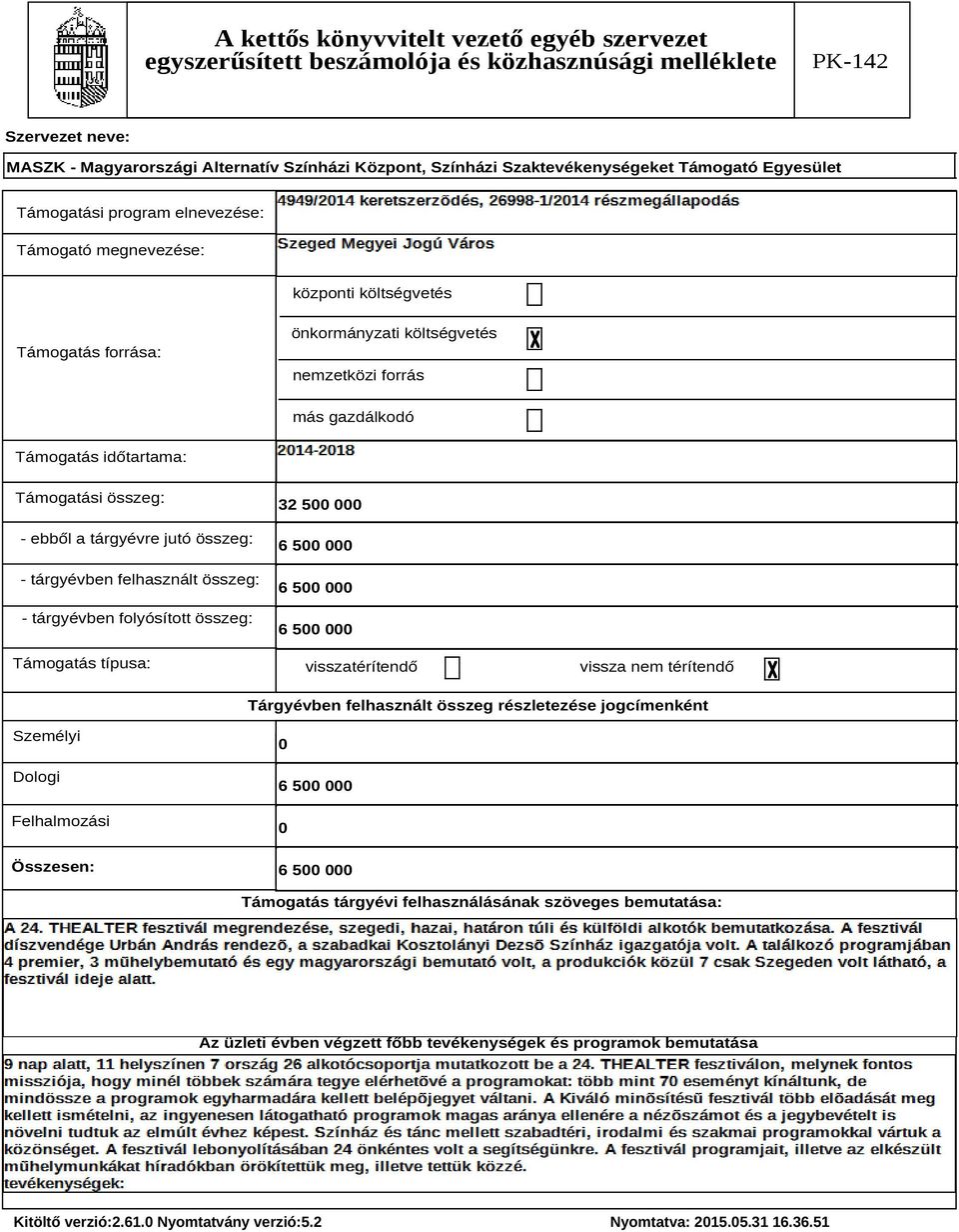 Támogatás időtartama: Támogatási összeg: - ebből a tárgyévre jutó összeg: - tárgyévben felhasznált összeg: - tárgyévben folyósított összeg: Támogatás típusa: 32 500 000 6 500 000 6 500 000 6 500 000
