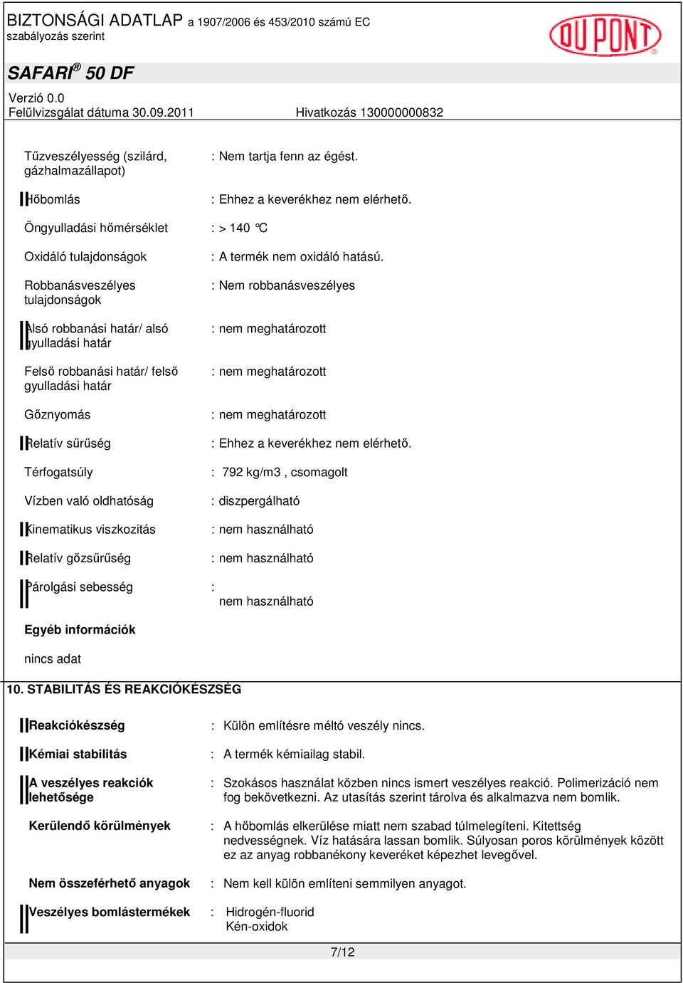 sőrőség Térfogatsúly Vízben való oldhatóság Kinematikus viszkozitás Relatív gızsőrőség : A termék nem oxidáló hatású.