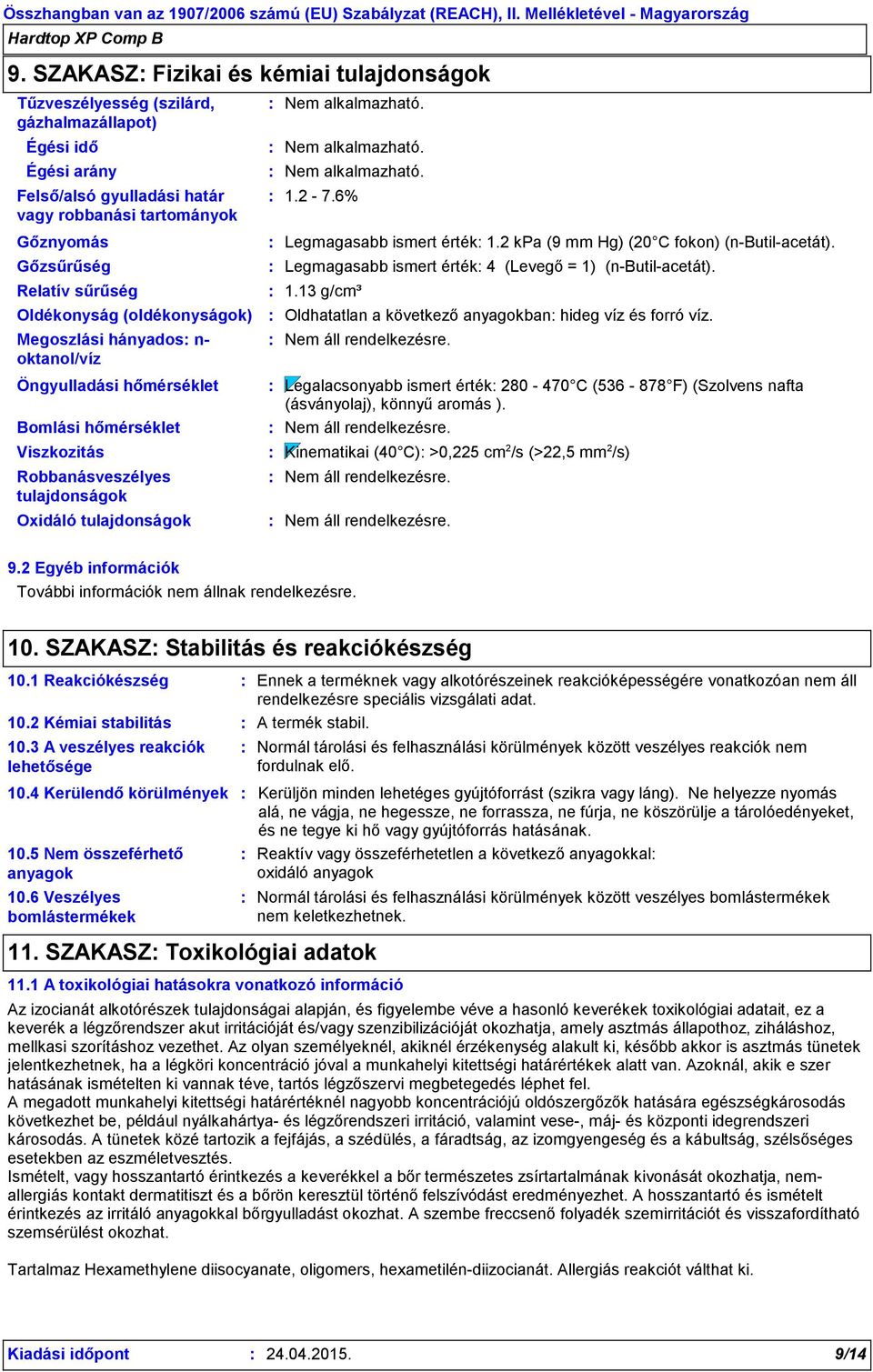 ismert érték 1.2 kpa (9 mm Hg) (20 C fokon) (n-butil-acetát). Legmagasabb ismert érték 4 (Levegő = 1) (n-butil-acetát). 1.13 g/cm³ Oldhatatlan a következő anyagokban hideg víz és forró víz.