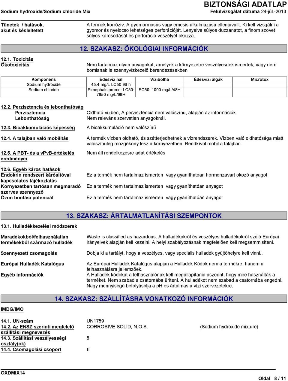 . SZAKASZ: ÖKOLÓGIAI INFORMÁCIÓK 12