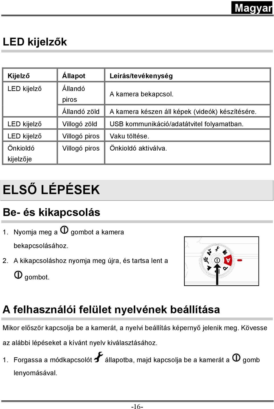 ELSŐ LÉPÉSEK Be- és kikapcsolás 1. Nyomja meg a gombot a kamera bekapcsolásához. 2. A kikapcsoláshoz nyomja meg újra, és tartsa lent a gombot.