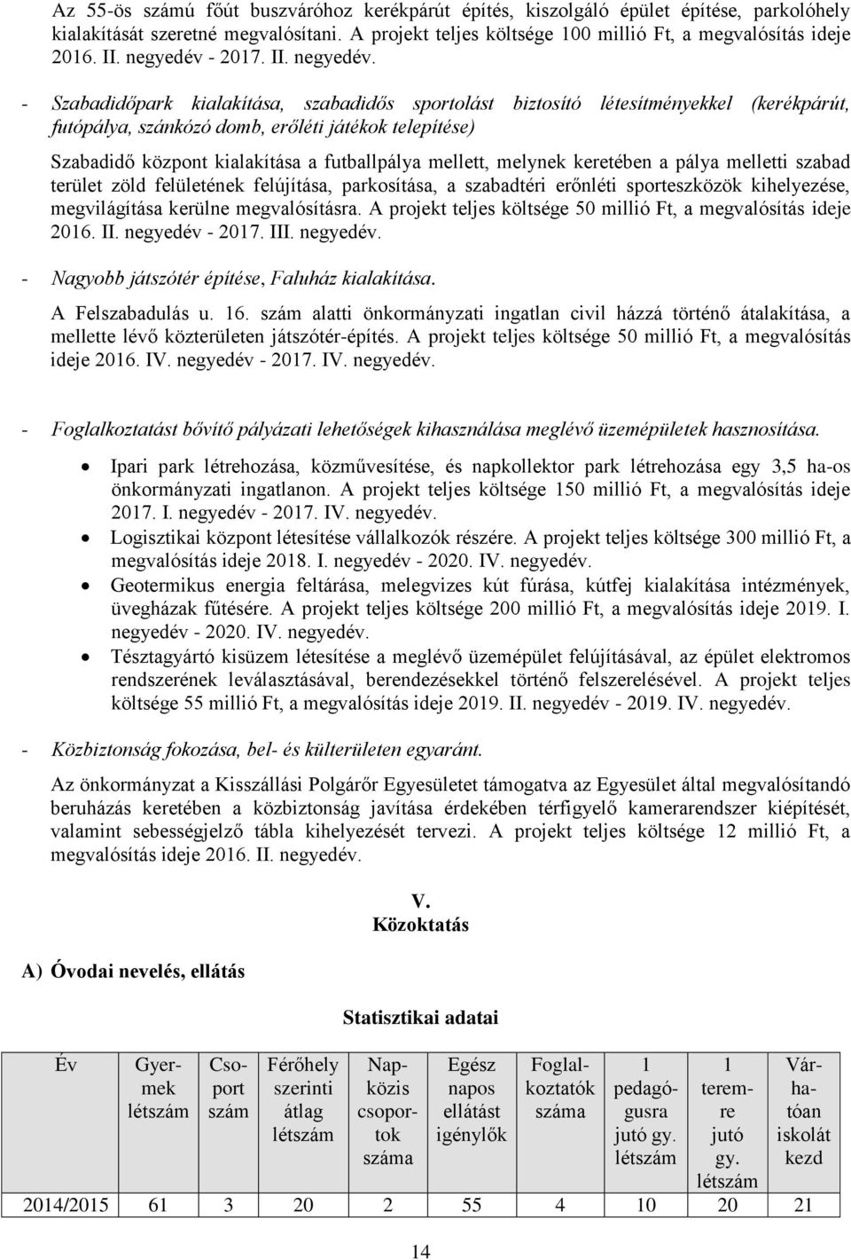 - Szabadidőpark kialakítása, szabadidős sportolást biztosító létesítményekkel (kerékpárút, futópálya, szánkózó domb, erőléti játékok telepítése) Szabadidő központ kialakítása a futballpálya mellett,