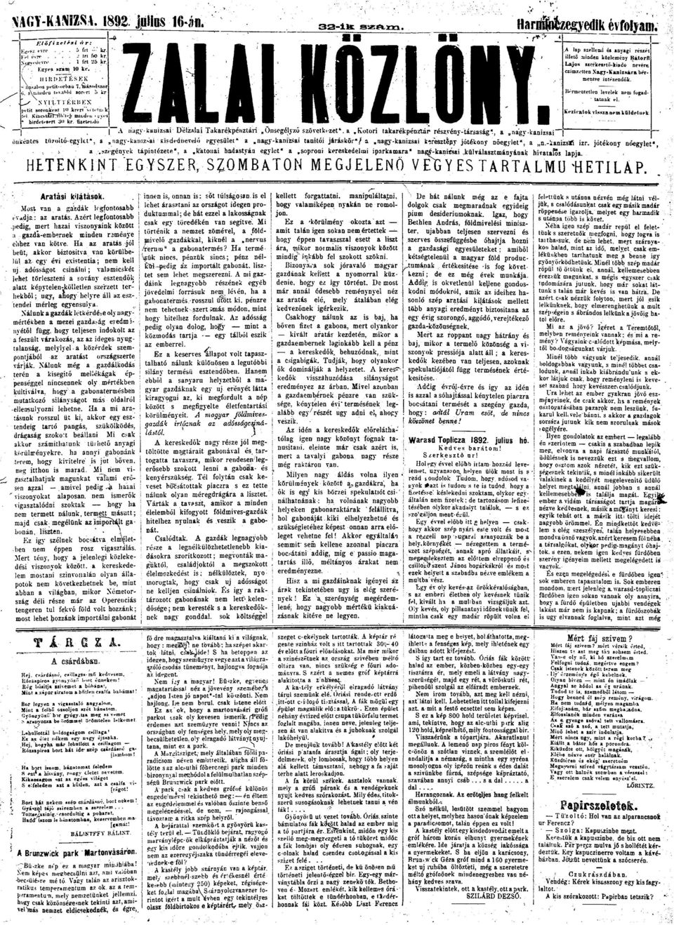 fixétedö " ~ A kanizsai Délzalai Takarékpénztári Önsegélyző szövetkezet*, a.kutri takarékpénztár részvény-társasága, a nagy-kanizsai évflyam.