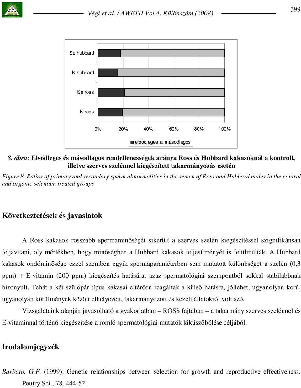 Ratios of primary and secondary sperm abnormalities in the semen of Ross and Hubbard males in the control and organic selenium treated groups Következtetések és javaslatok A Ross kakasok rosszabb