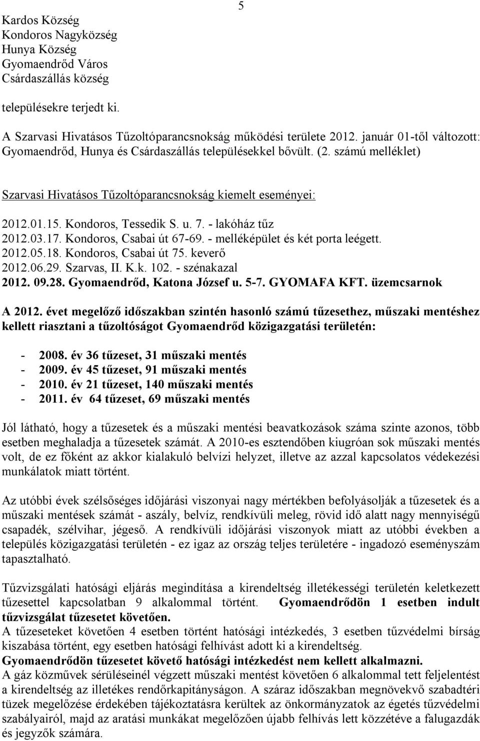 7. - lakóház tűz 2012.03.17. Kondoros, Csabai út 67-69. - melléképület és két porta leégett. 2012.05.18. Kondoros, Csabai út 75. keverő 2012.06.29. Szarvas, II. K.k. 102. - szénakazal 2012. 09.28.