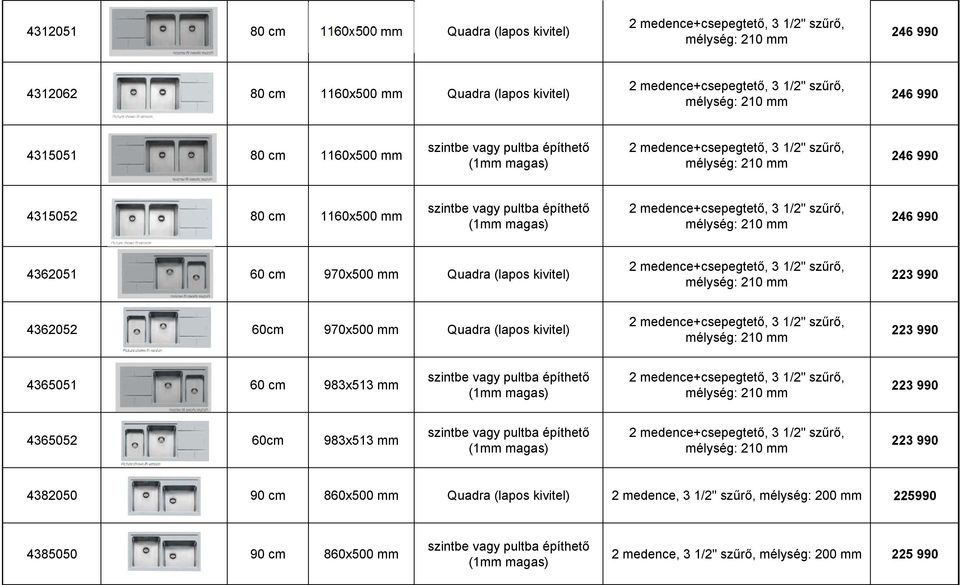 mm Quadra (lapos kivitel) 223 990 4365051 60 cm 983x513 mm 223 990 4365052 60cm 983x513 mm 223 990 4382050 90 cm 860x500 mm Quadra