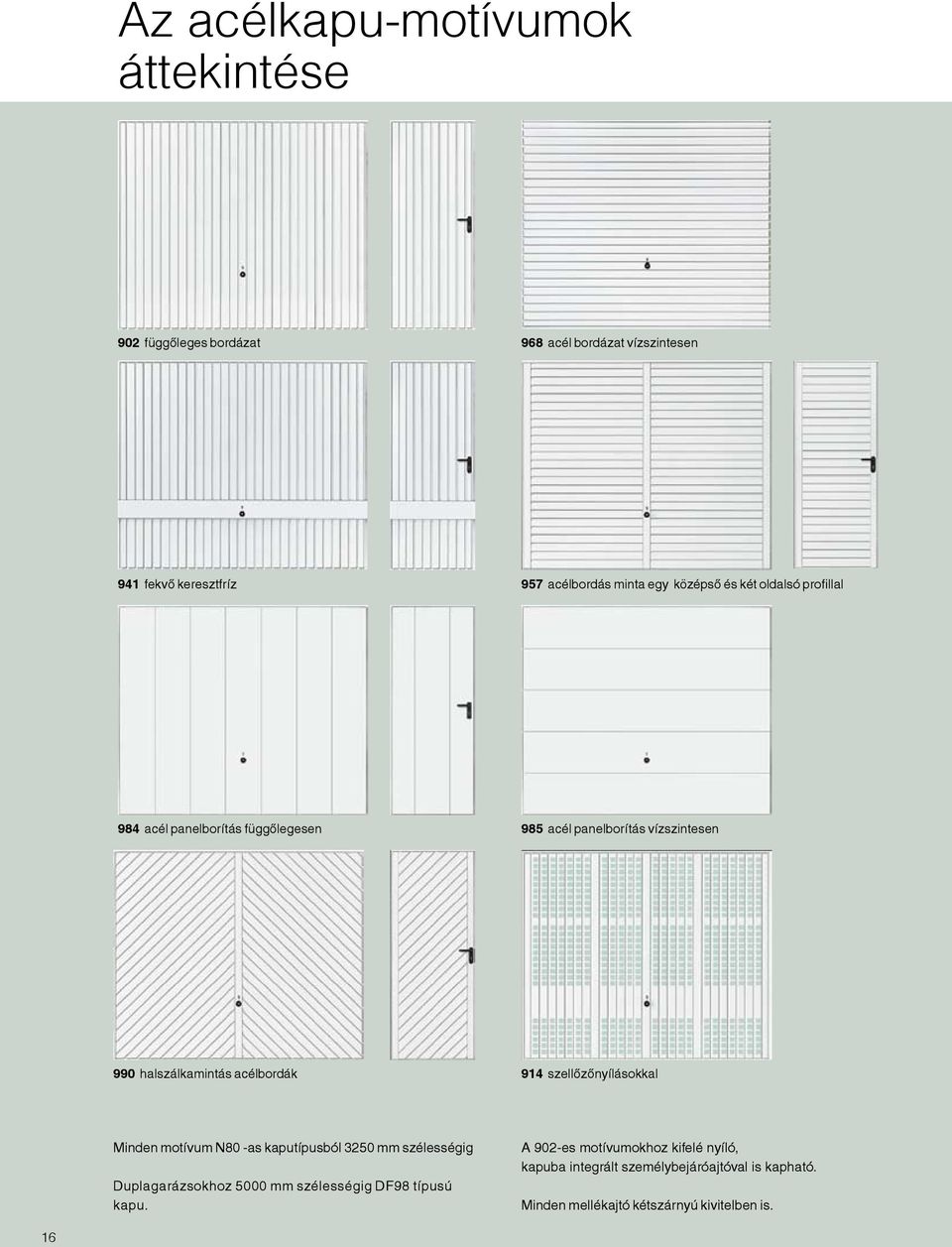 acélbordák 914 szellőzőnyílásokkal Minden motívum N80 -as kaputípusból 3250 mm szélességig Duplagarázsokhoz 5000 mm szélességig DF98