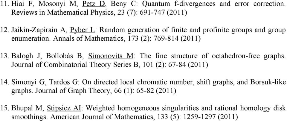 Balogh J, Bollobás B, Simonovits M: The fine structure of octahedron-free graphs. Journal of Combinatorial Theory Series B, 101 (2): 67-84 (2011) 14.