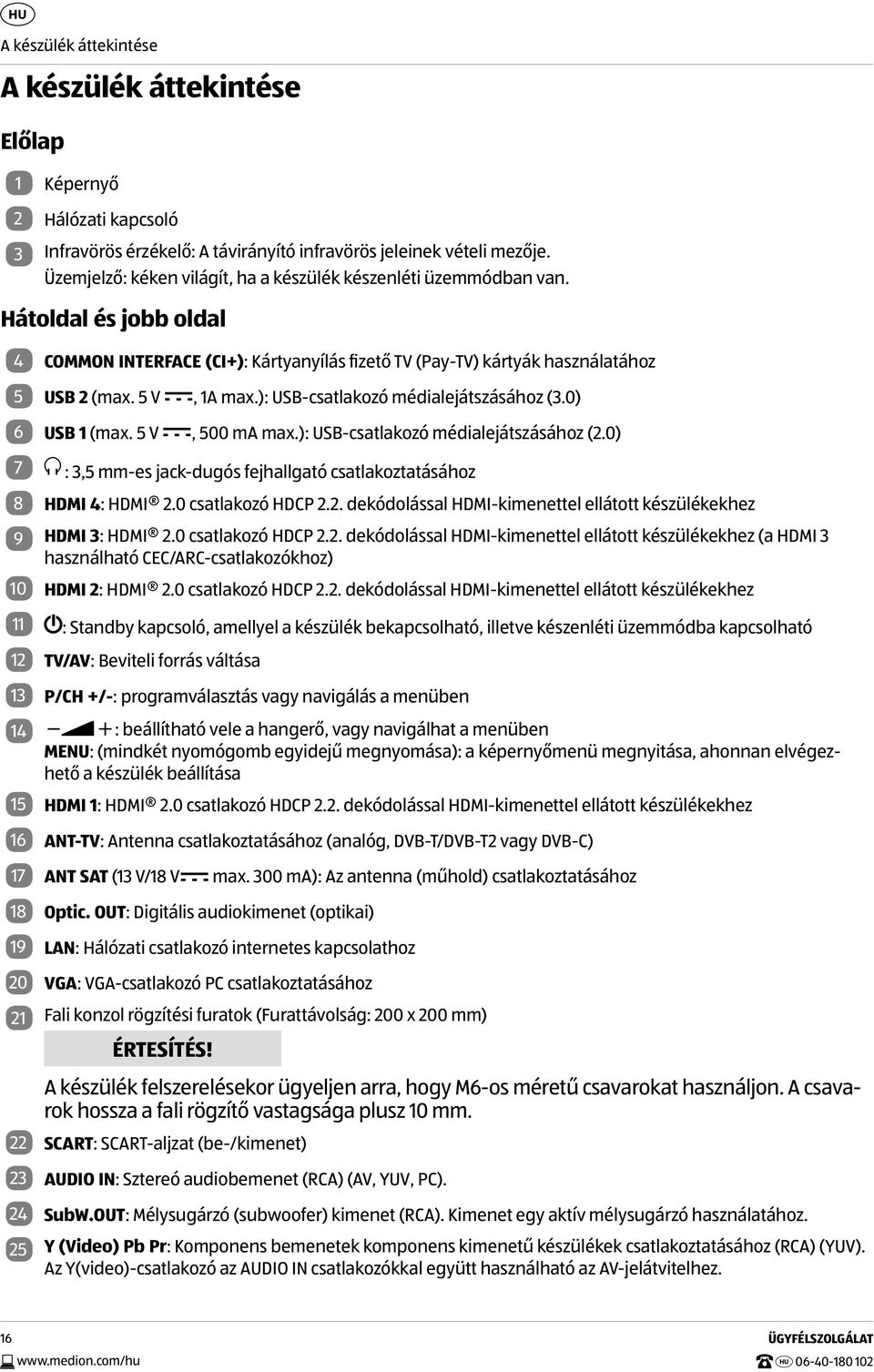 ): USB-csatlakozó médialejátszásához (3.0) 6 USB 1 (max. 5 V, 500 ma max.): USB-csatlakozó médialejátszásához (2.0) 7 : 3,5 mm-es jack-dugós fejhallgató csatlakoztatásához 8 HDMI 4: HDMI 2.