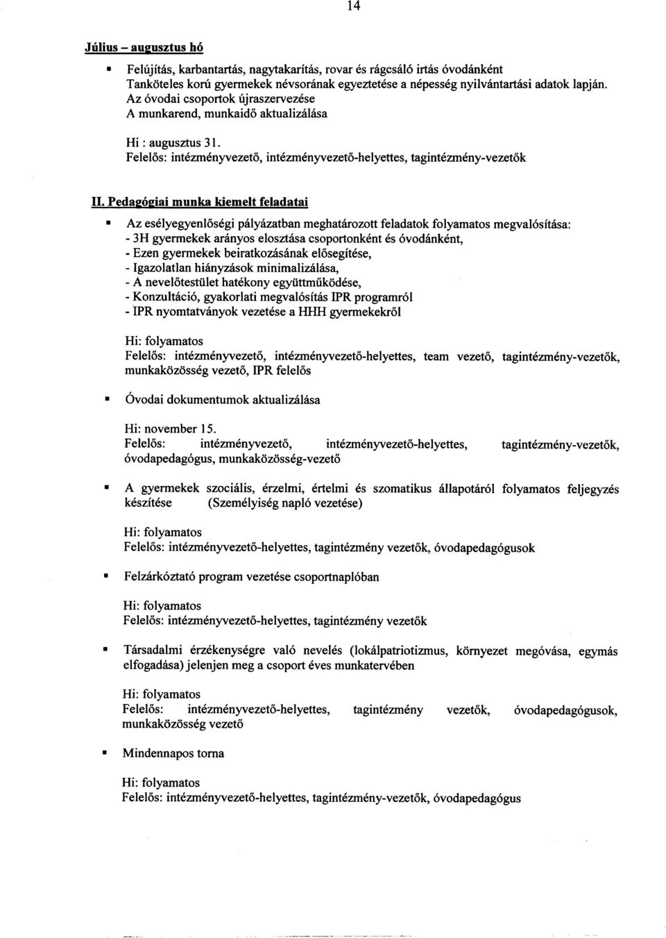 Pedage>giai munka kiemelt feladatai Az eselyegyenlosegi palyazatban meghatarozott feladatok folyamatos megval6sitasa: - 3H gyermekek aranyos elosztasa csoportonkent es 6vodankent, - Ezen gyermekek