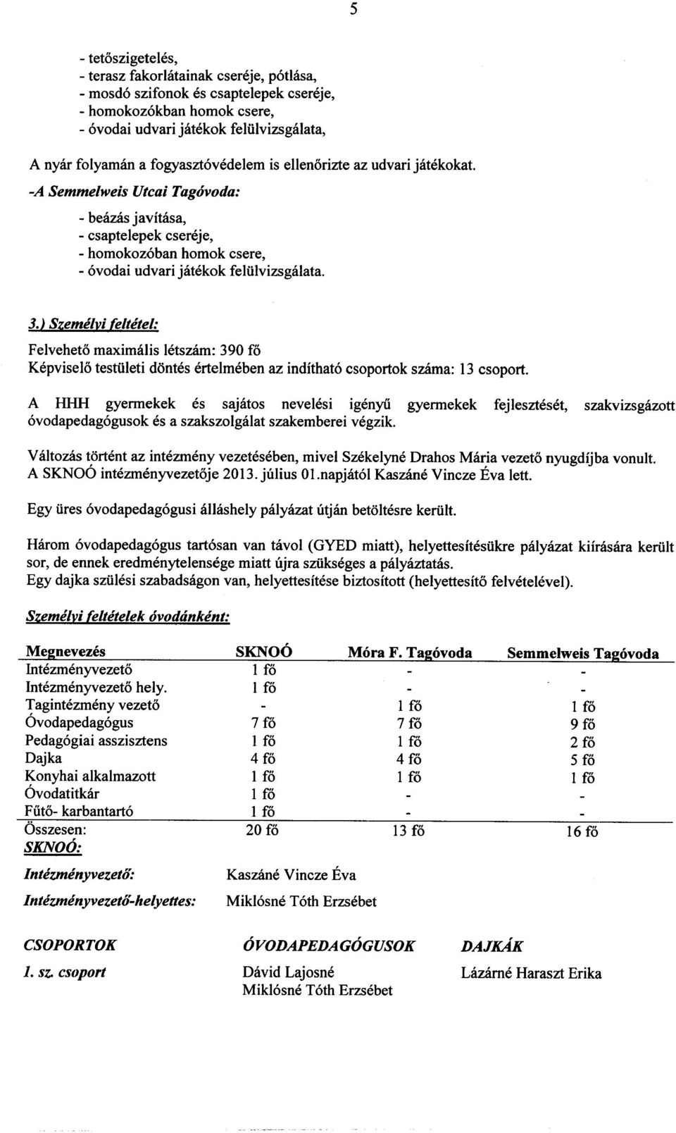 ) Szemelvi feltetel: Felveheto maximalis letszam: 390 fo Kepviselo testiileti dontes ertelmeben az indithato csoportok szama: 13 csoport.