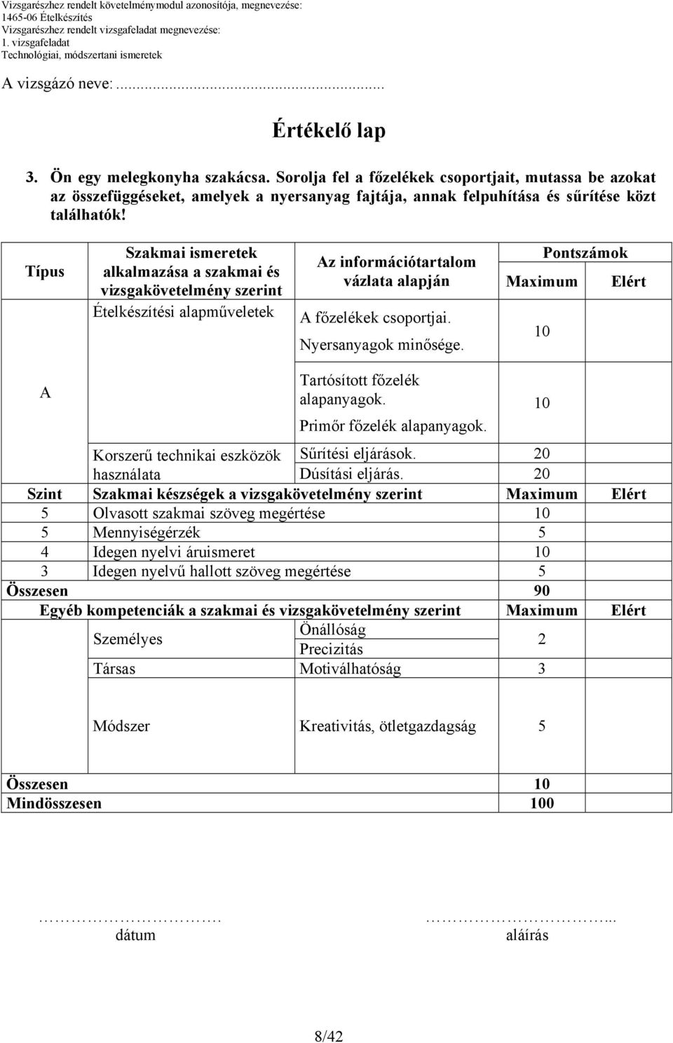 Típus Szakmai ismeretek alkalmazása a szakmai és vizsgakövetelmény szerint Ételkészítési alapműveletek Pontszámok Az információtartalom vázlata alapján Maximum Elért A főzelékek csoportjai.