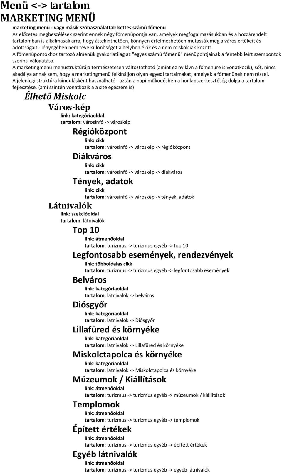 miskolciak között. A főmenüpontokhoz tartozó almenük gyakorlatilag az "egyes számú főmenü" menüpontjainak a fentebb leírt szempontok szerinti válogatása.