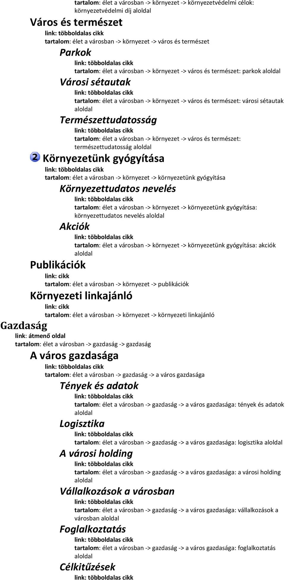 sétautak aloldal Természettudatosság link: többoldalas tartalom: élet a városban > környezet > város és természet: természettudatosság aloldal Környezetünk gyógyítása link: többoldalas tartalom: élet