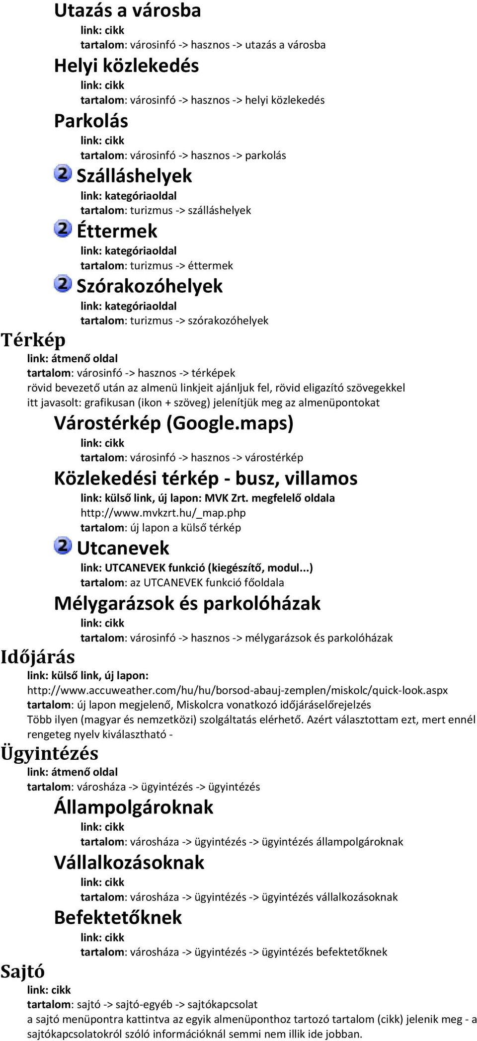bevezető után az almenü linkjeit ajánljuk fel, rövid eligazító szövegekkel itt javasolt: grafikusan (ikon + szöveg) jelenítjük meg az almenüpontokat Várostérkép (Google.