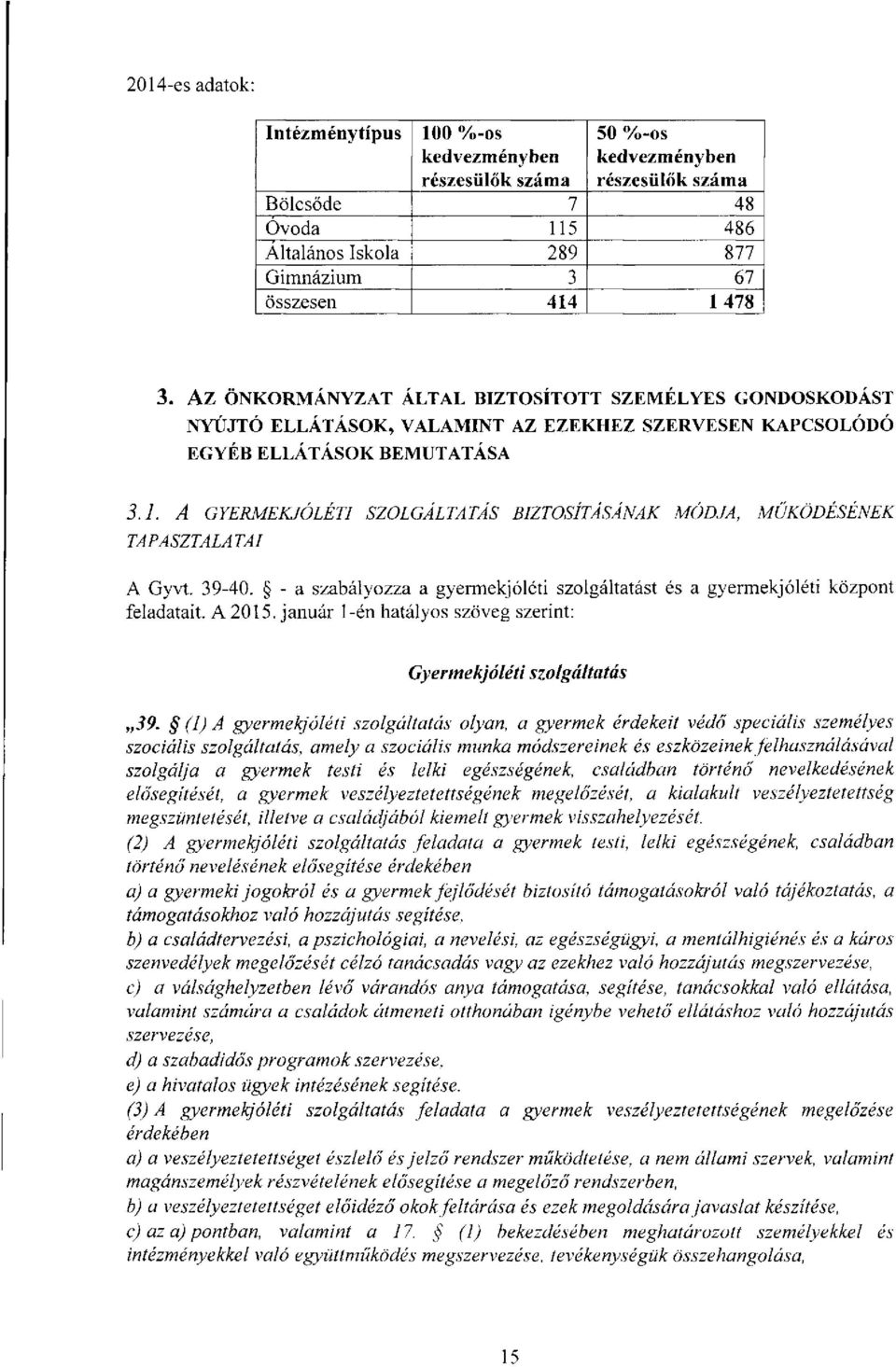 A GYERMEKJÓLÉTI SZOLGÁLTATÁS BIZTOSÍTÁSÁNAK MÓDJA, MŰKÖDÉSÉNEK TAPASZTALATAI A Gyvt. 39-40. - a szabályozza a gyermekjóléti szolgáltatást és a gyermekjóléti központ feladatait. A 2015.