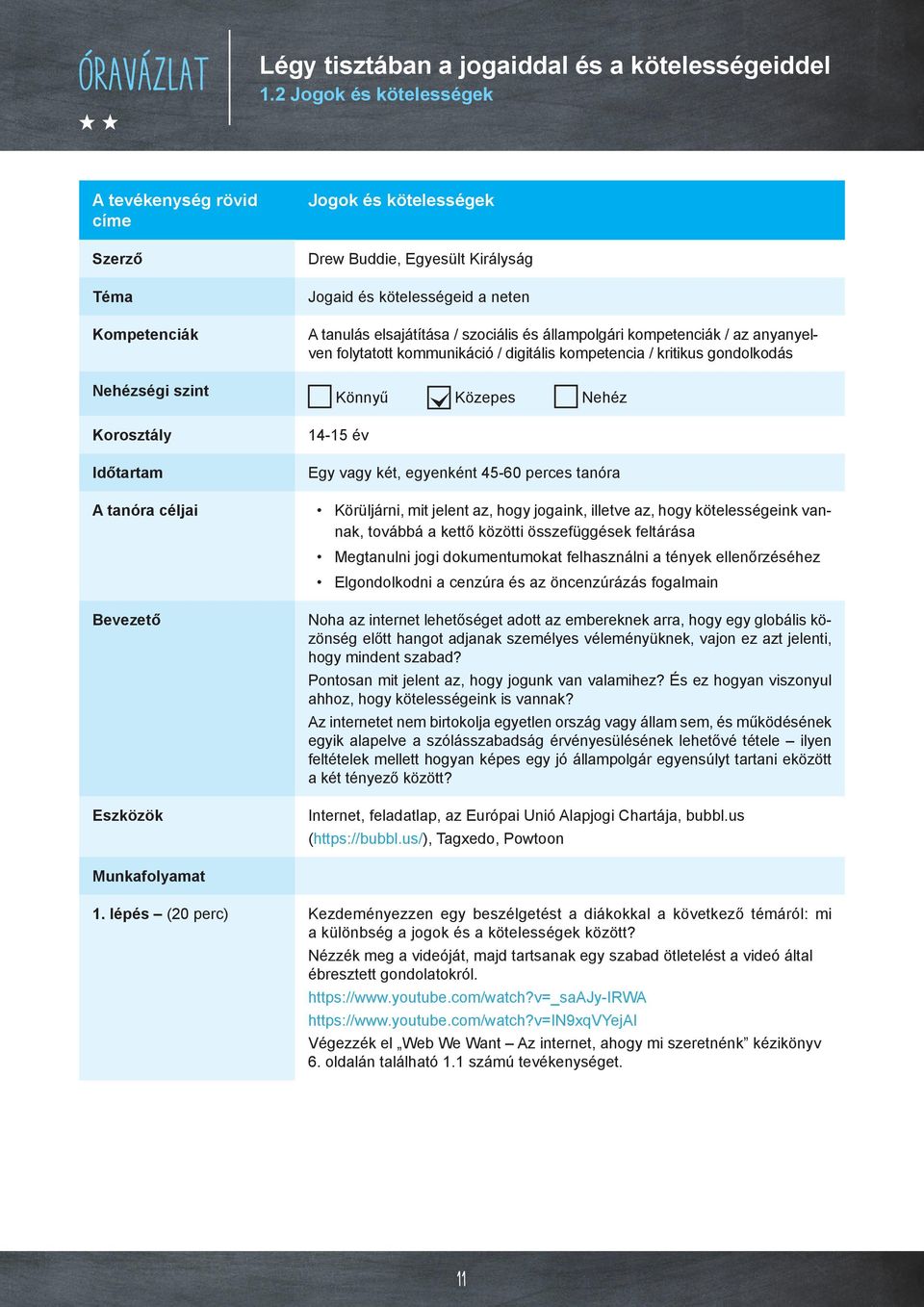 Jogaid és kötelességeid a neten A tanulás elsajátítása / szociális és állampolgári kompetenciák / az anyanyelven folytatott kommunikáció / digitális kompetencia / kritikus gondolkodás Könnyű Közepes