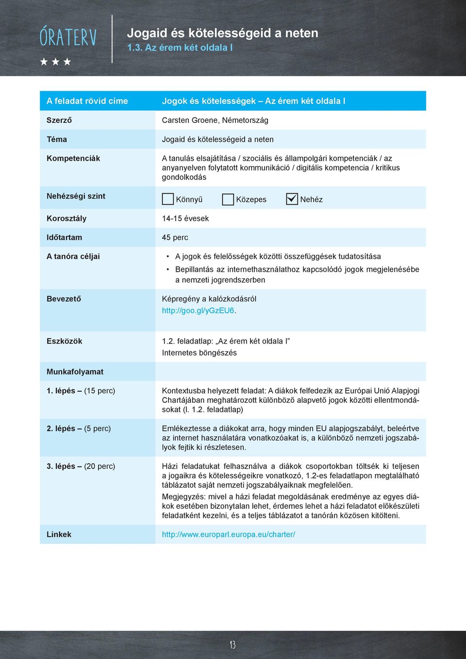 Jogaid és kötelességeid a neten A tanulás elsajátítása / szociális és állampolgári kompetenciák / az anyanyelven folytatott kommunikáció / digitális kompetencia / kritikus gondolkodás Könnyű Közepes