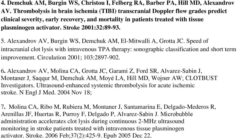 Stroke 2001:32:89-93. 5. Alexandrov AV, Burgin WS, Demchuk AM, El-Mitwalli A, Grotta JC.