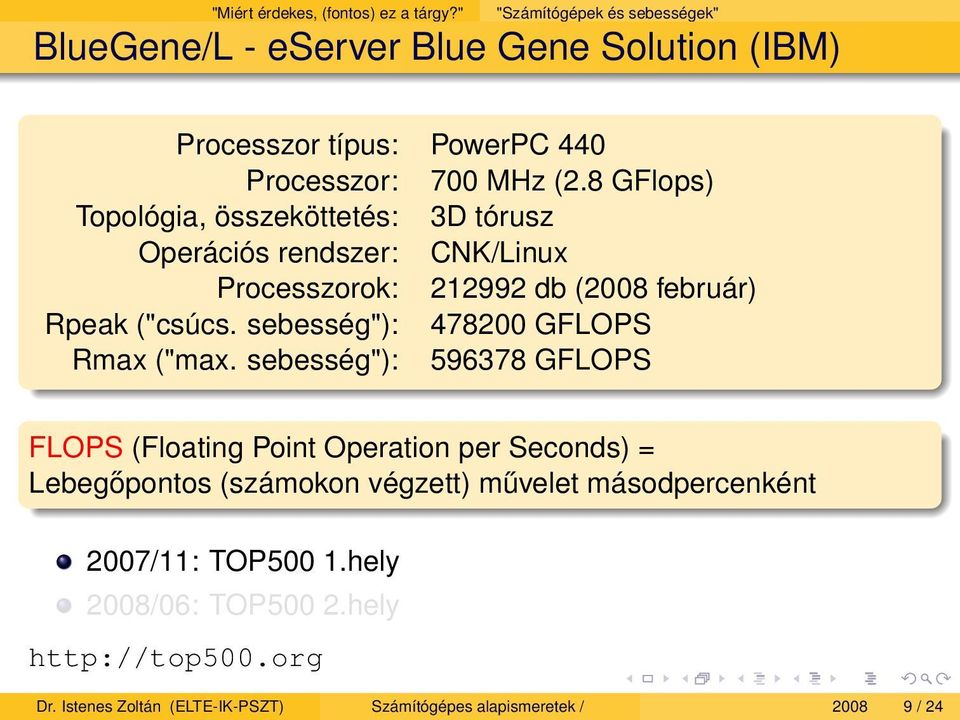 8 GFlops) Topológia, összeköttetés: 3D tórusz Operációs rendszer: CNK/Linux Processzorok: 212992 db (2008 február) Rpeak ("csúcs.