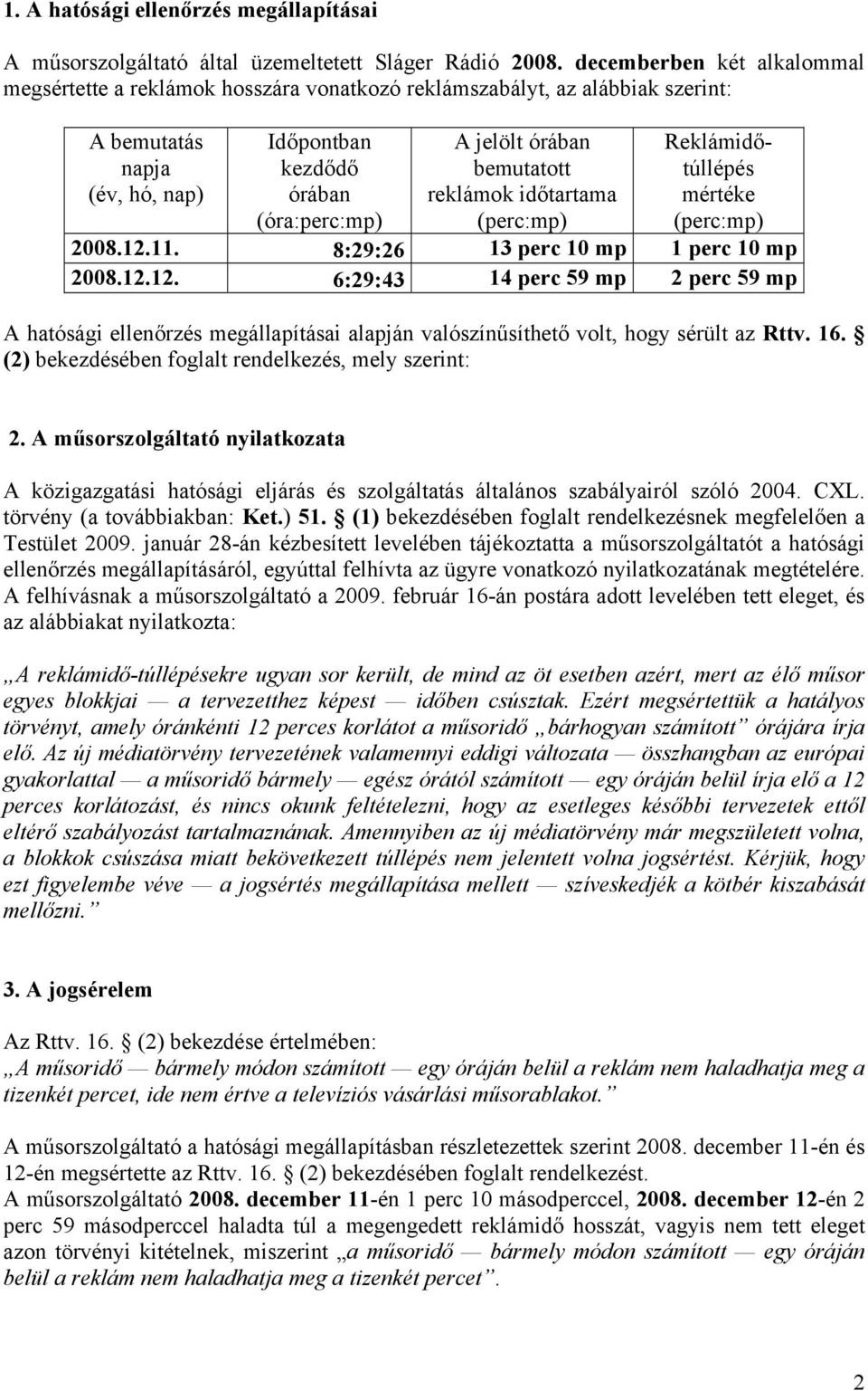 bemutatott reklámok időtartama (perc:mp) Reklámidőtúllépés mértéke (perc:mp) 2008.12.