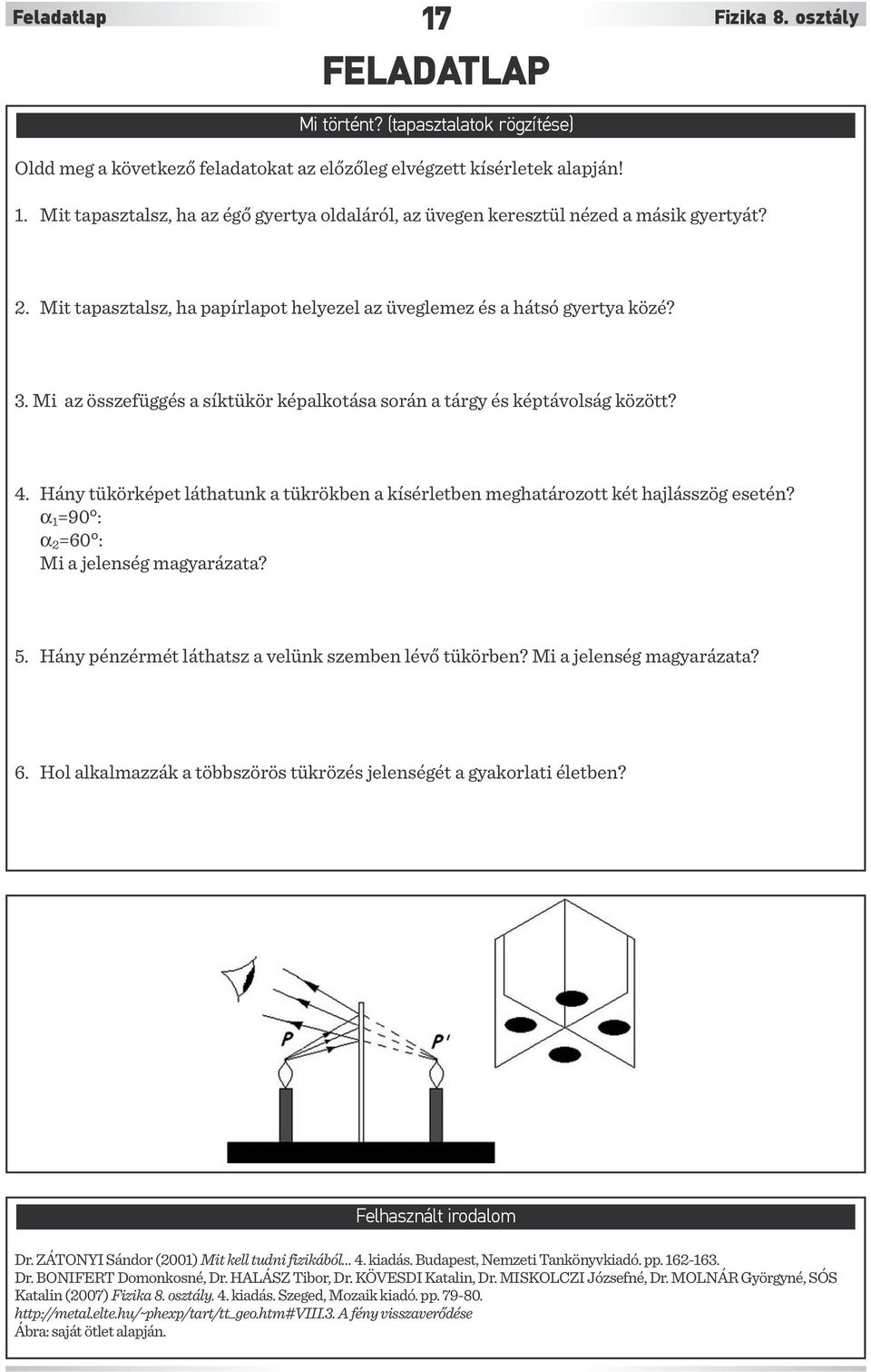 Hány tükörképet láthatunk a tükrökben a kísérletben meghatározott két hajlásszög esetén? α 1 =90 : α 2 =60 : Mi a jelenség magyarázata? 5. Hány pénzérmét láthatsz a velünk szemben lévő tükörben?